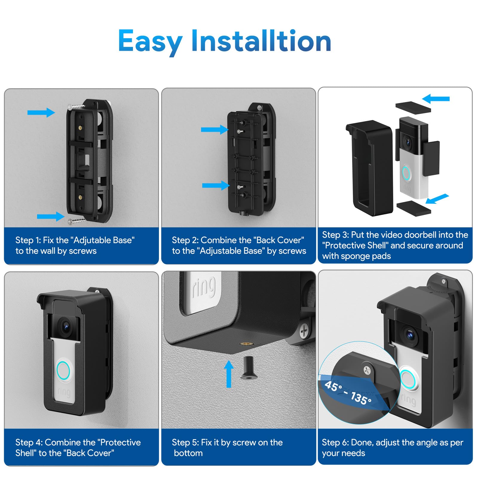 Anti Theft Video Doorbell Angle Mount, 45 To 135 Degree Adjustable Ring Camera Holder Doorbell Door Mount For Apartment, Compati