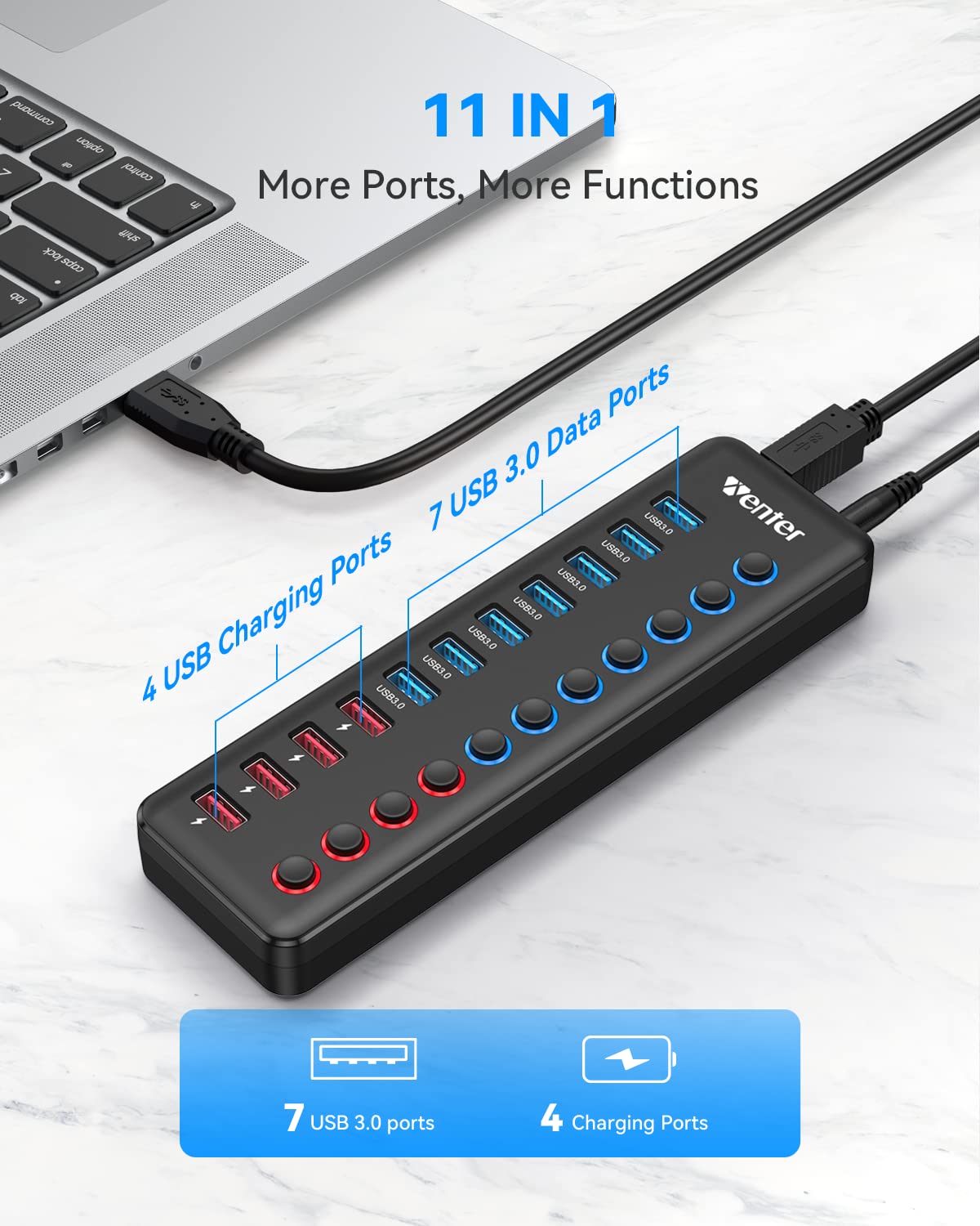 Powered Usb 3.0 Hub, Wenter 11 Port Hub Splitter (7 Faster Data Transfer Ports+ 4 Smart Charging Ports) With Individual Led On/Off Switches, Power Adapter For Mac, Pc
