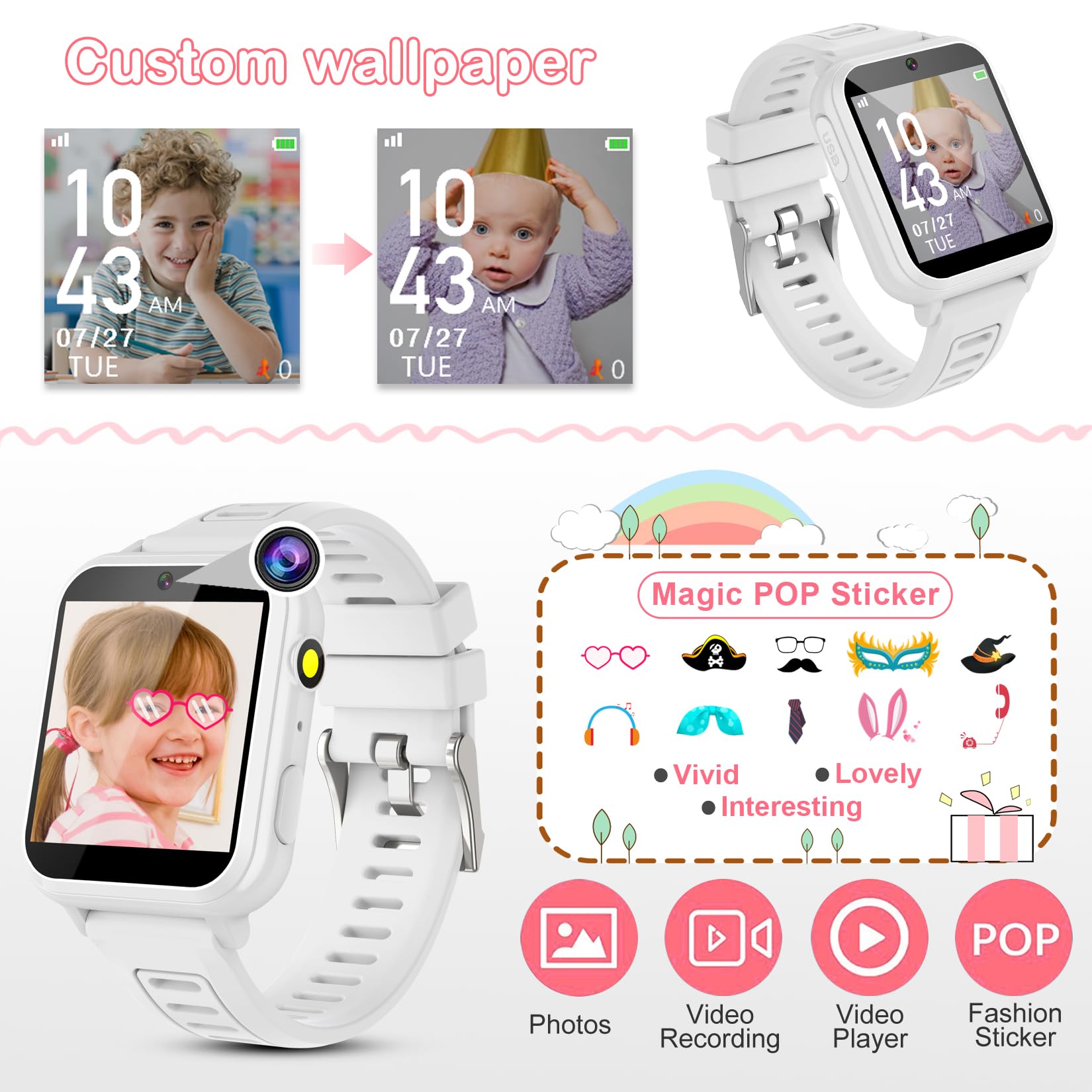 Phyulls Kids Smart Watch Gift For Girls Age 4-12, Smart Watch For Kids With 26 Games Hd Touch Screen Kids Watches Camera Video M