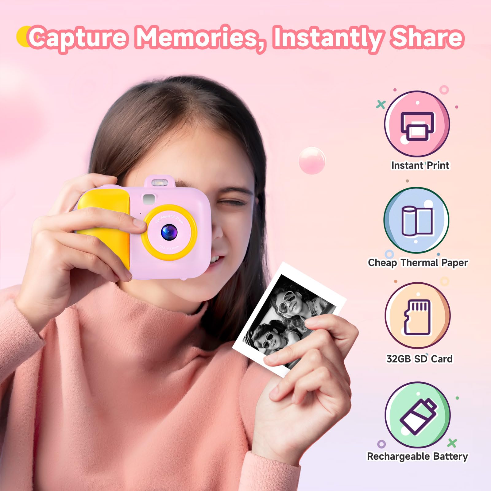 Kids Camera Instant Camera, Kids For 3 12 Year Old Girls Boys, Kids Digital Camera Instant Print With Print Paper, Toddler Kids