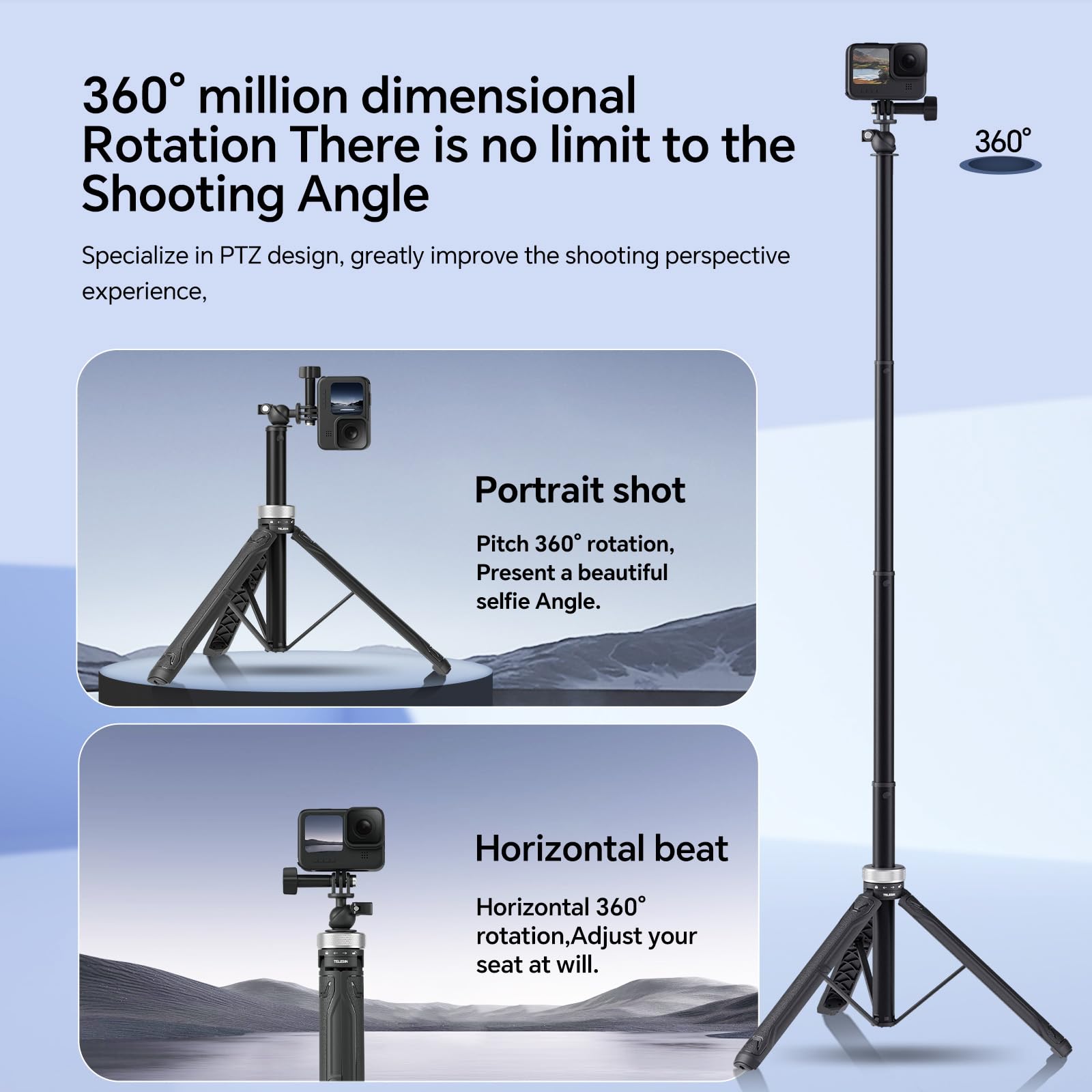 TELESIN 59in Long Selfie Stick Tripod for GoPro, 360 Ball Joint Monopod for Hero 13 12 11 10 9 Insta360 X3 X4