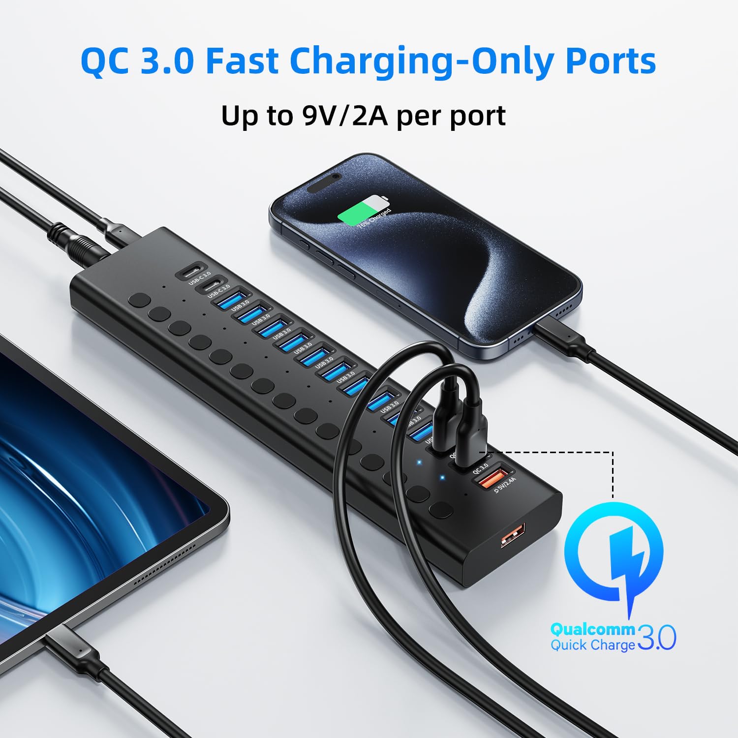 Powered Usb 3.0 Hub, 16 Port Usb C Hub Splitter (10 Usb 3.0+2 Qc 3.0+2 Smart Charging+2 Usb C 3.0) With Individual Switches, 12V