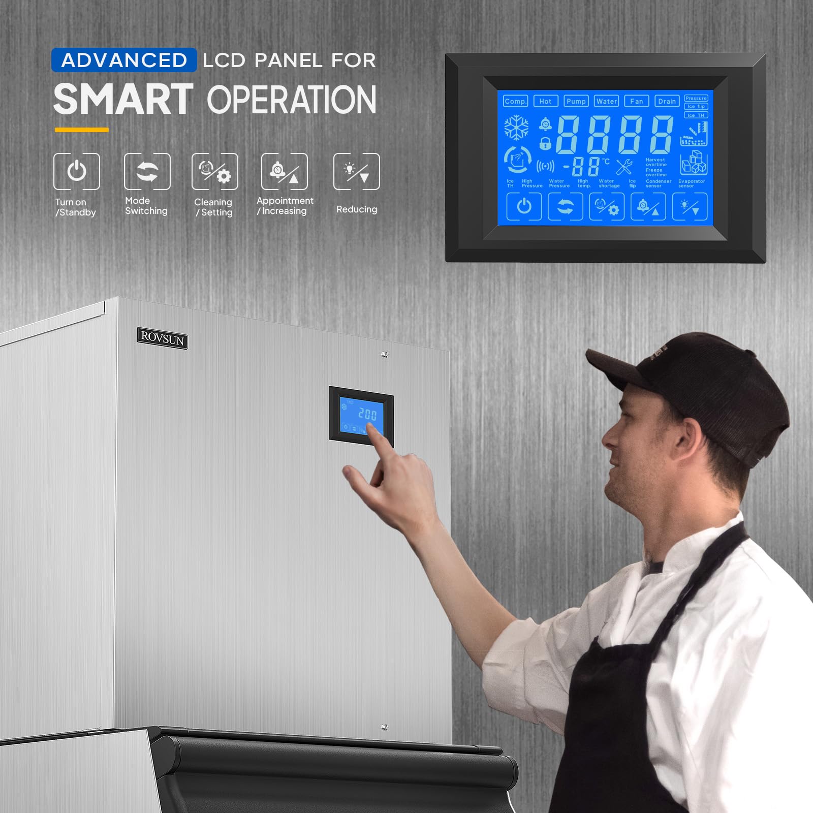 Rovsun Commercial Ice Maker, 550Lbs/24H Smart Lcd Panel Commercial Ice Machine With 300Lbs Storage For Restaurant Bar Store Bar
