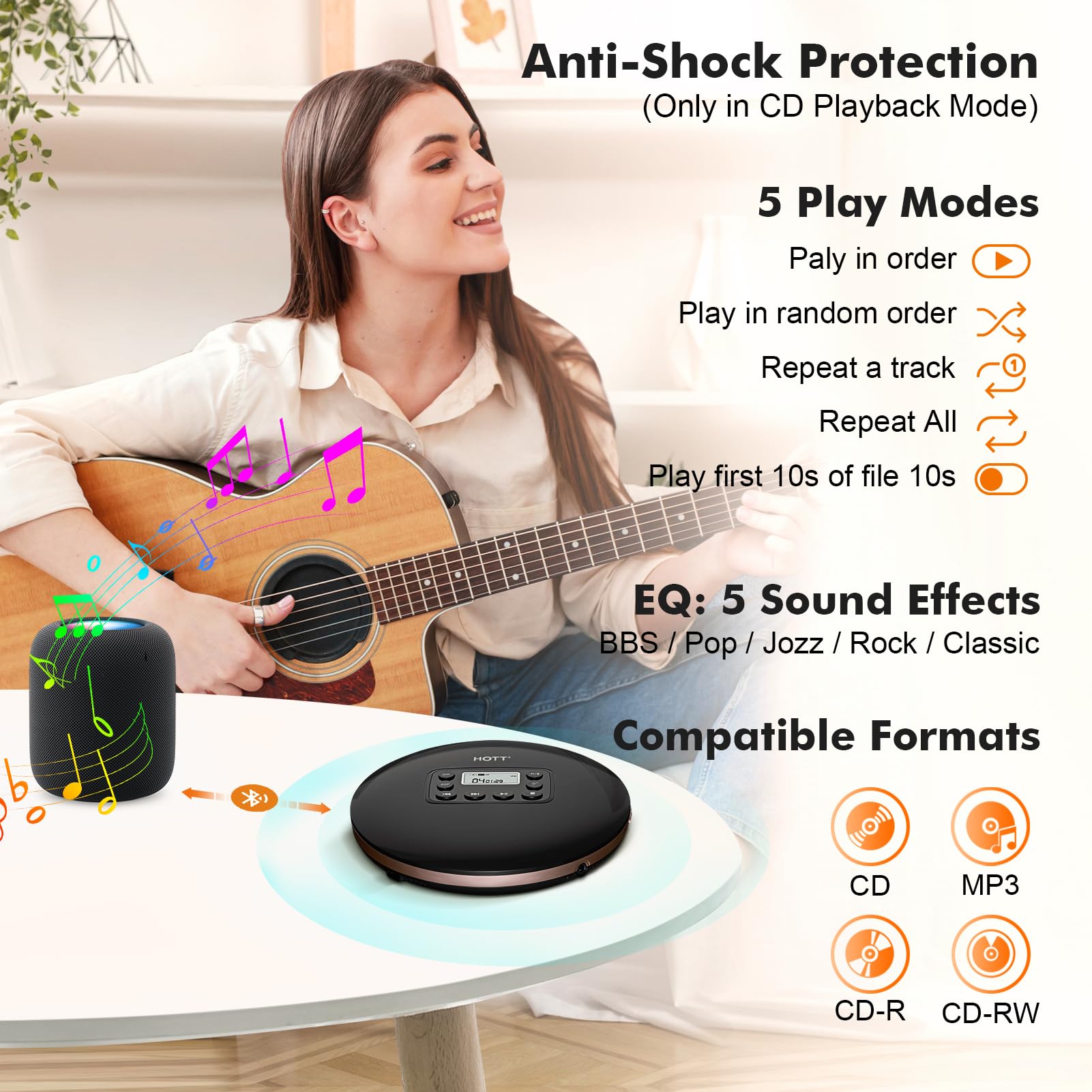 Hott Cd711T Bluetooth Rechargeable Portable Cd Player For Home Travel And Car With Stereo Headphones And, Anti Shock Protection