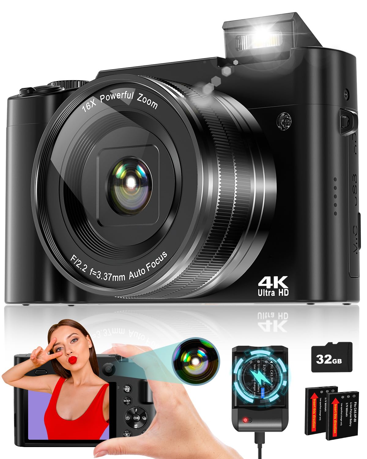 Toauite 4K Digital Camera For Photography, 64Mp Autofocus Vlogging Camera For Youtube With Selfie Lens, Compact Travel Video Cam