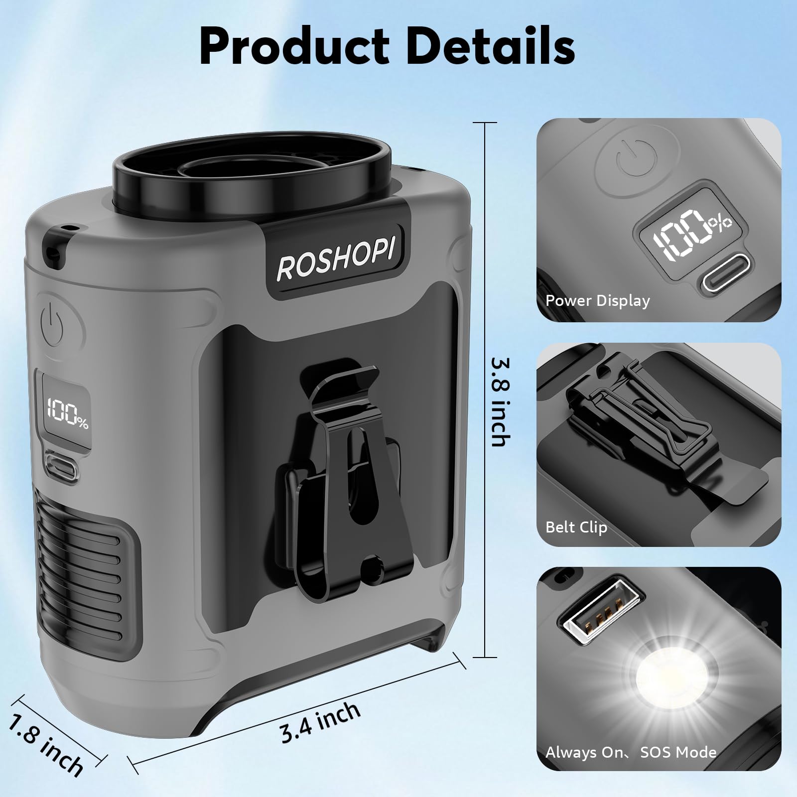 2025 Ai Portable Fan Rechargeable -10000Mah, 40H Work Time With 5 Speeds 16000Rpm Strong Airflow, Personal Waist Fan With Flashl