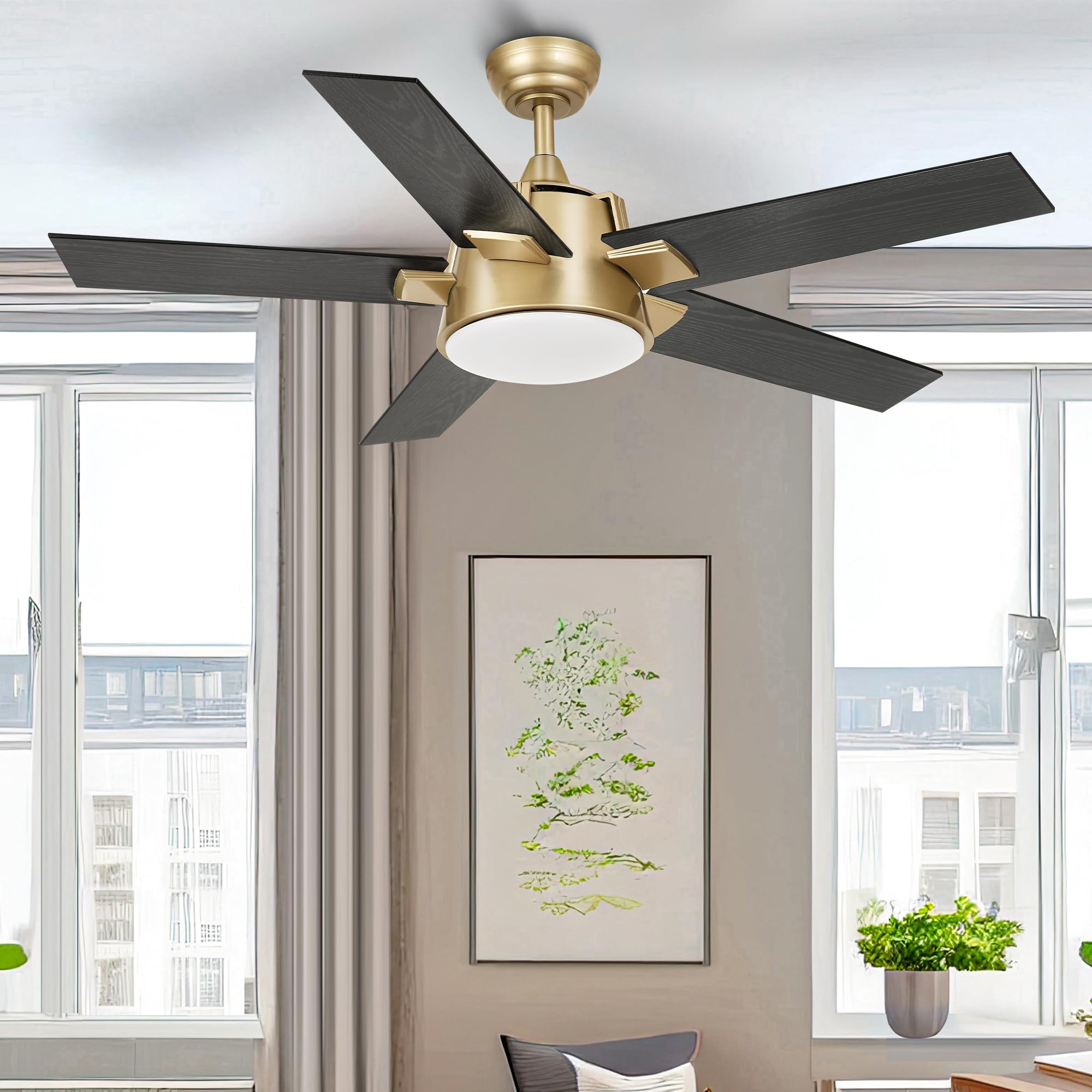 Yitahome Black Gold Ceiling Fan With Light And Wall Switch Remote, 52 Inch Modern Ceiling Fan, Quiet Reversible Motor, Dimmable