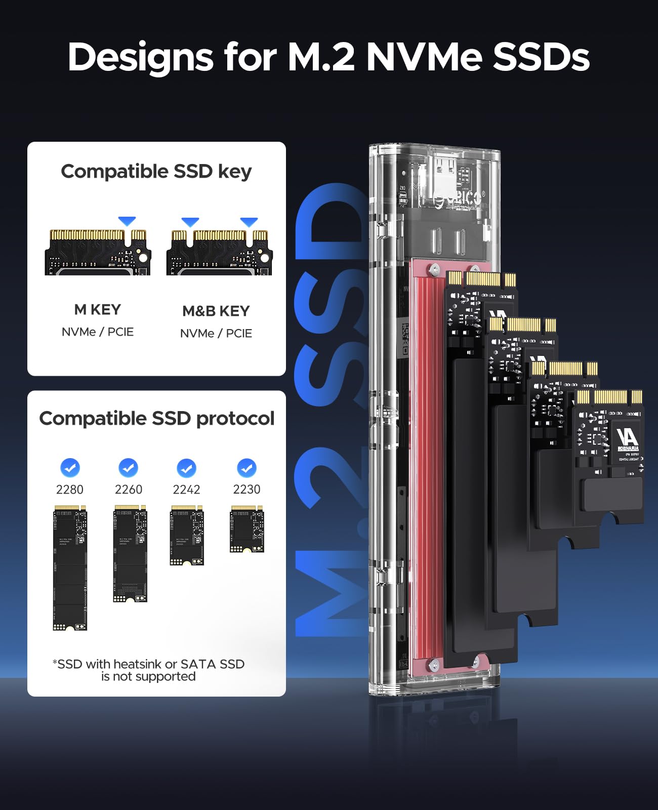 Orico Nvme M.2 To Type C Usb3.1 Gen2 10Gbps Transparent External Solid State Drive Adapter Enclosure For 2280 2260 2242 2230 Pci