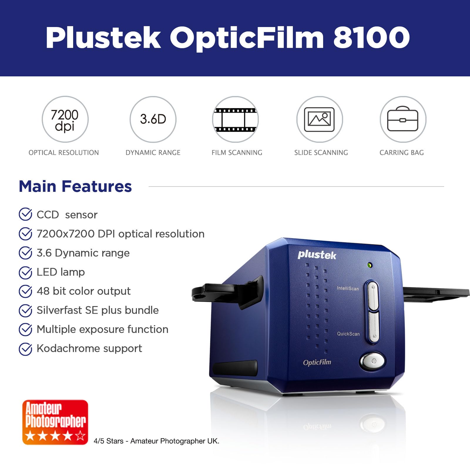 Plustek Opticfilm 8100 35Mm Negative Film/Slide Scanner With 7200 Dpi And 48 Bit Output. Bundle Silverfast Se Plus 9, Support Mac And Windows