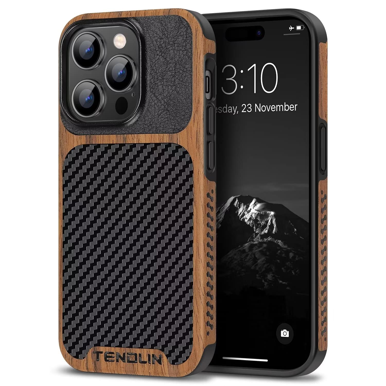 Tendlin Compatible With Iphone 14 Pro Case Wood Grain With Carbon Fiber Texture Design Leather Hybrid Slim Case Black