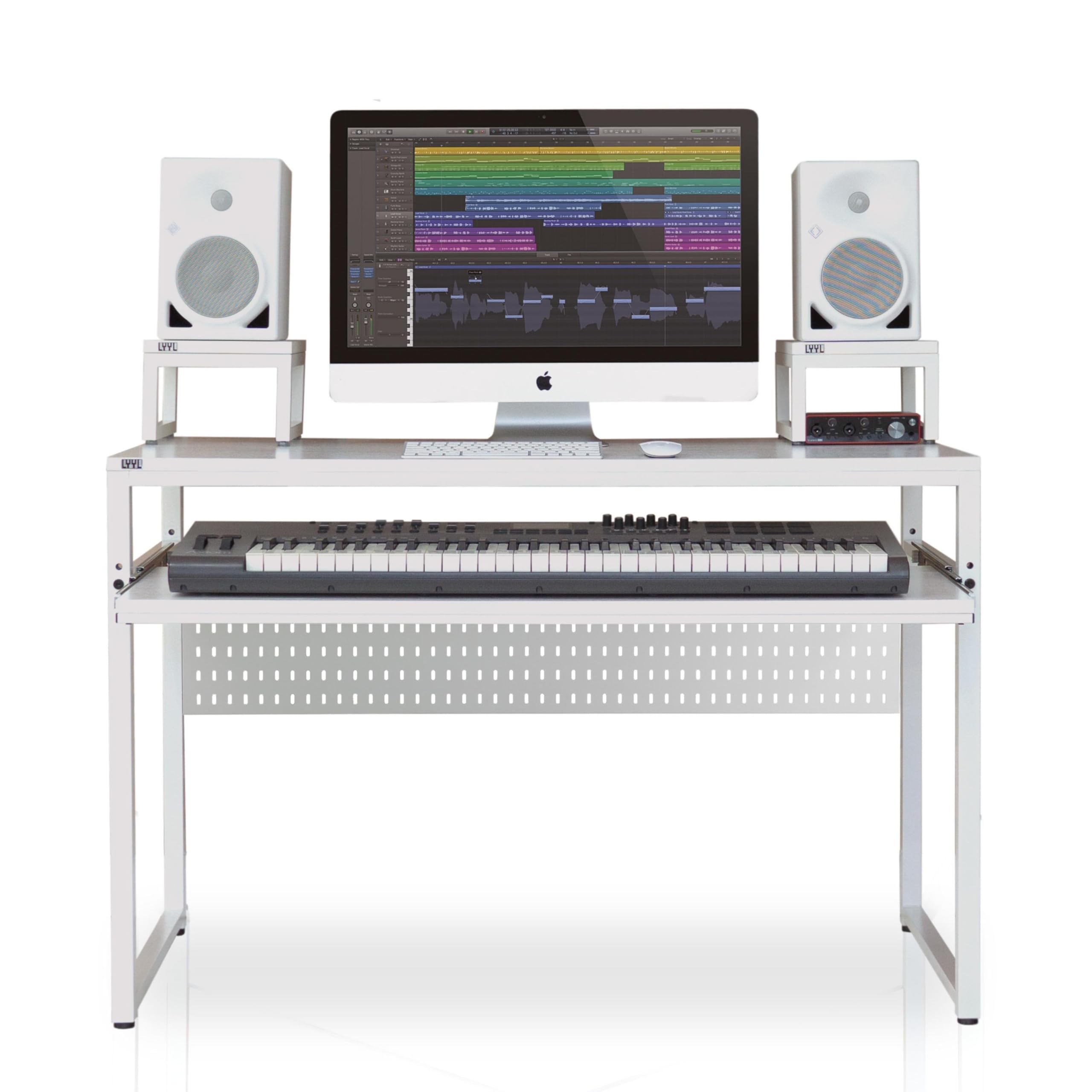 Lyyl Music Studio Desk With Keyboard Tray For Full 88 Keys And 61 Keys, Music Producer Desk (61 Keys, White)(Cable Tray & Speake