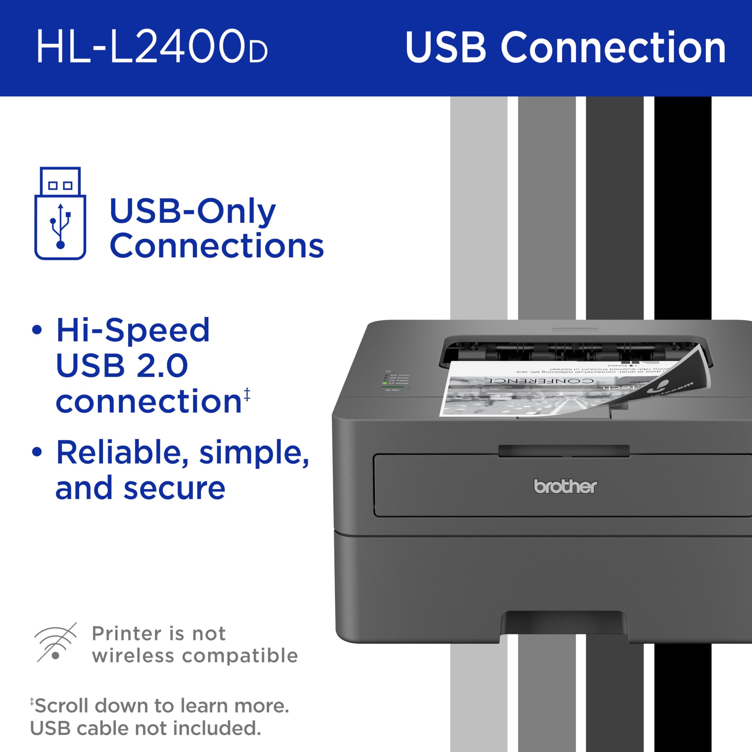 Brother Hl L2400D Compact Monochrome Laser Printer With Duplex Printing, Usb Required (Cable Not Included), Black & White Output