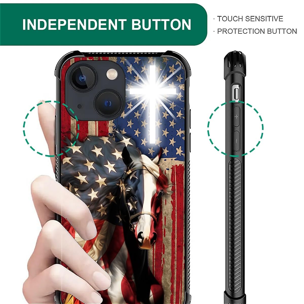 Fkbrcl4U For Iphone 13 Case, Red American Flag Horse Cross Pattern Graphic Design Girl Boy Soft Silicone Hard Acrylic Shock Prot