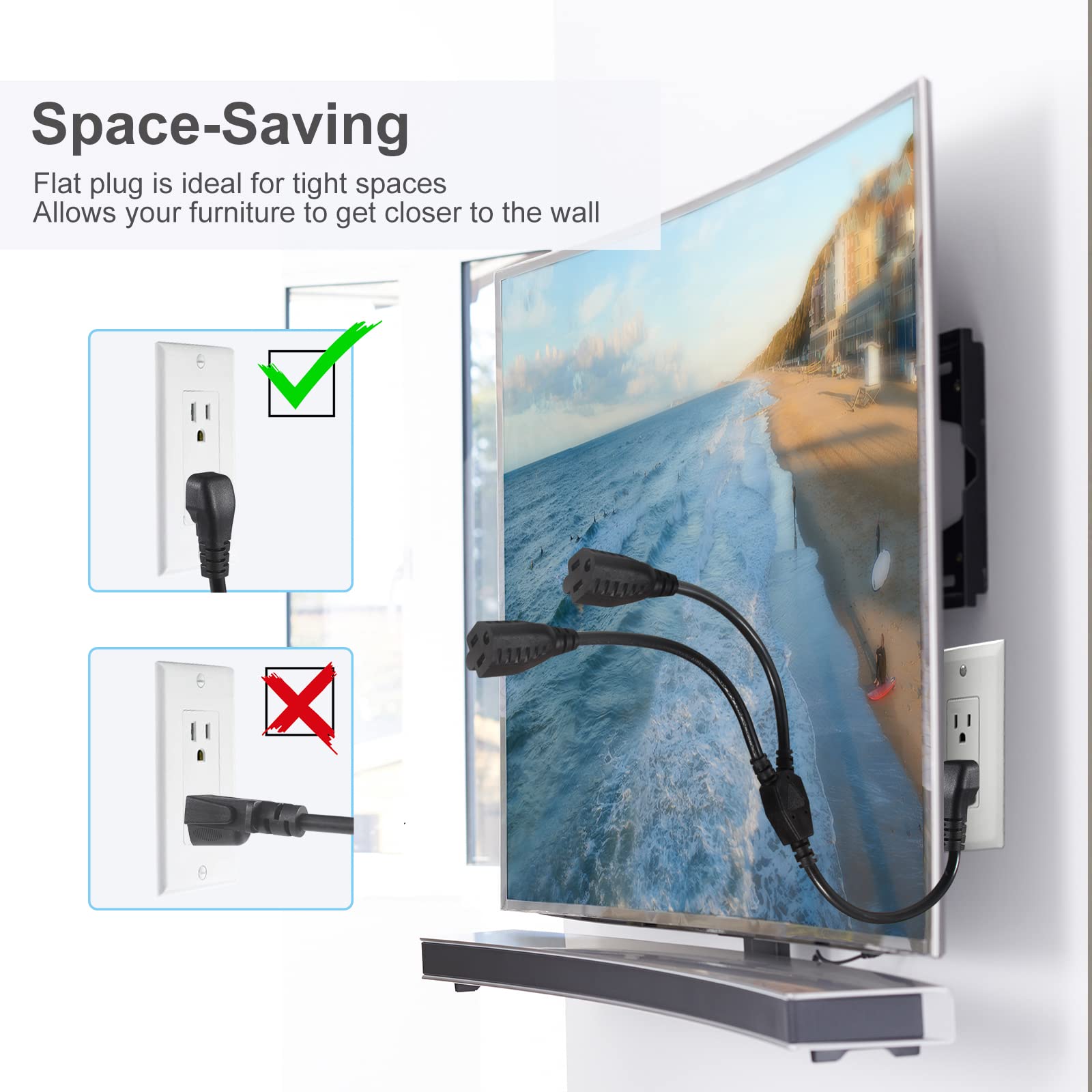 Power Cord Extension Y Splitter   1 To 2 Way Outlet Adapter Nema 5 15P 90 Degree Flat Plug To 2 X Nema 5 15R With Sjt 16Awg 3 Pr