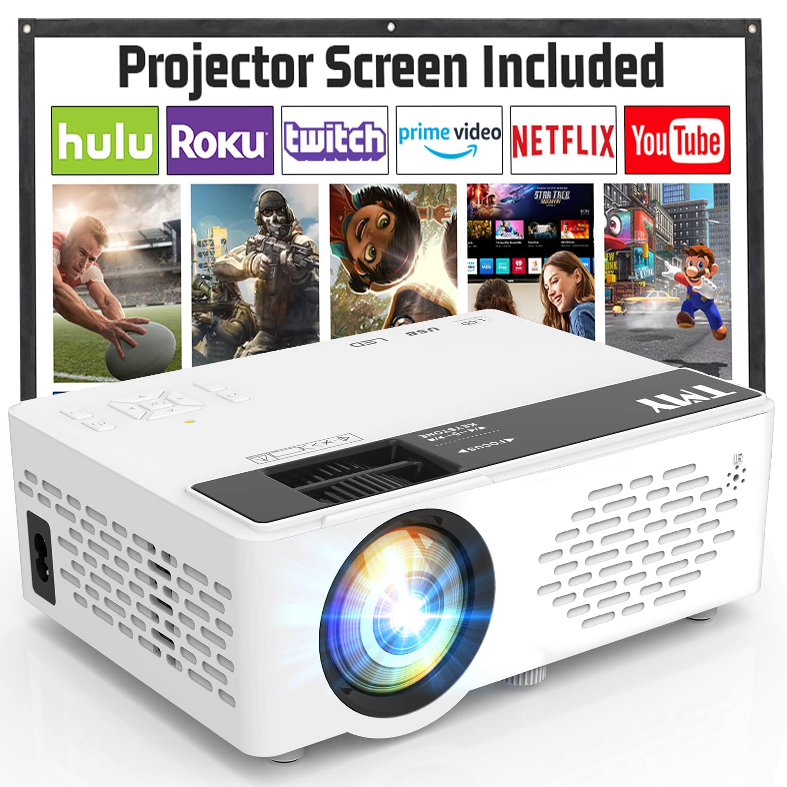 Tmy Mini Projector, Upgraded 9500 Lumens Bluetooth Projector With 100'' Screen, 1080P Full Hd Portable Projector, Movie Projecto