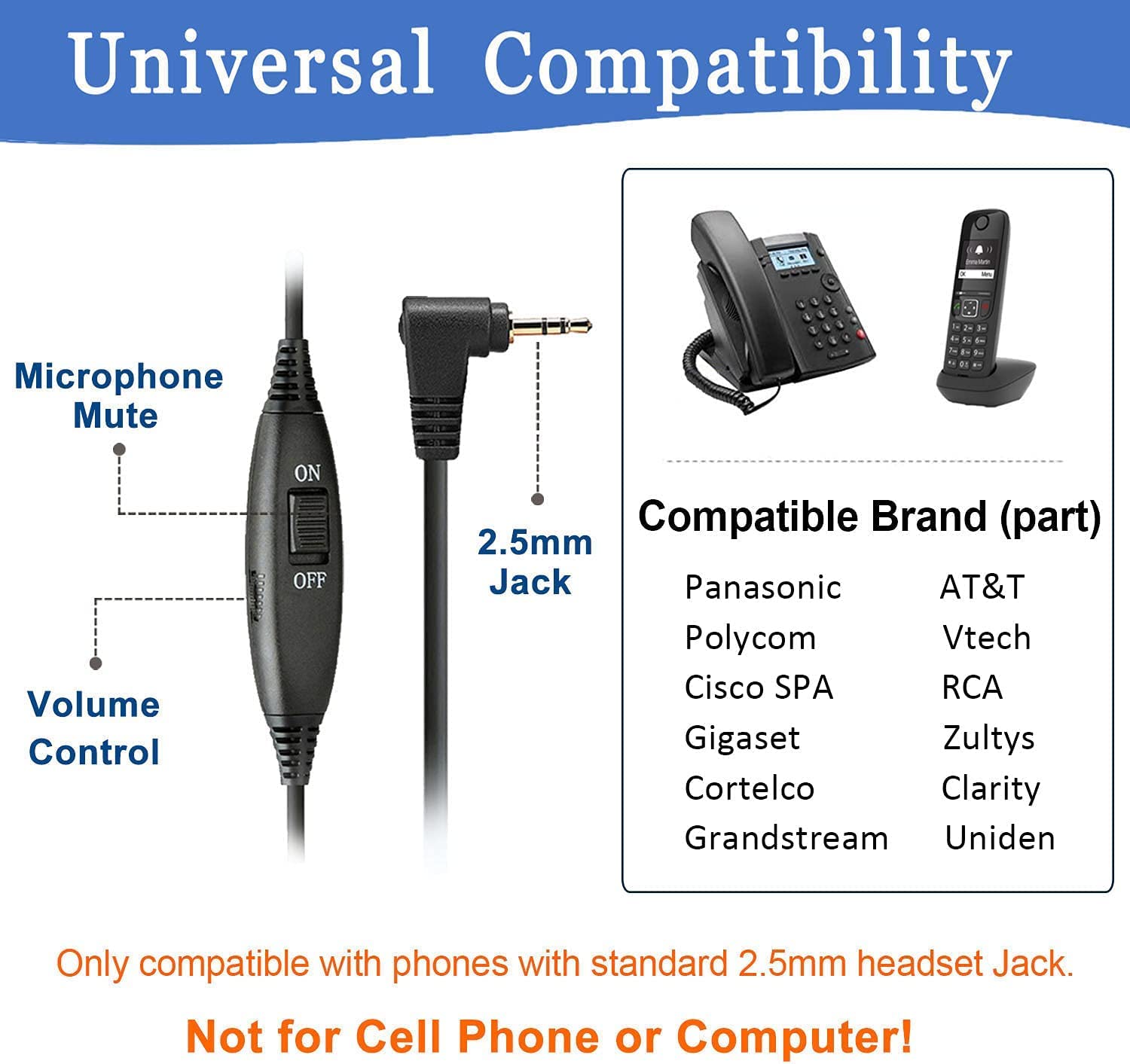 Callez Phone Headset With Noise Cancelling Microphone, Office Telephone Headsets For Cordless Dect Phones With 2.5Mm Headphones