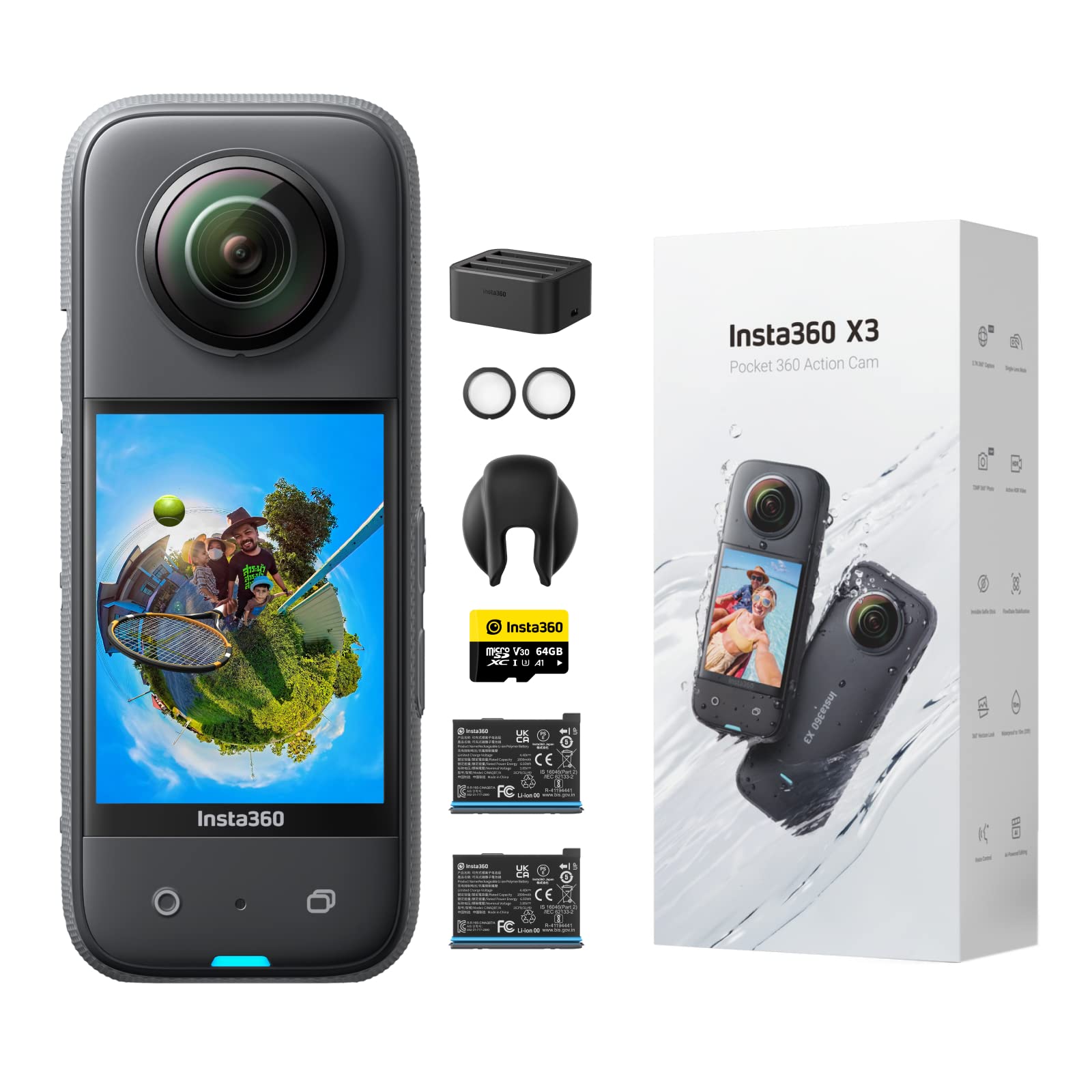 Insta360 X3   Waterproof 360 Action Camera With 1/2'' 48Mp Sensors, 5.7K 360 Active Hdr Video, 72Mp 360 Photo, 4K Single Lens, 6