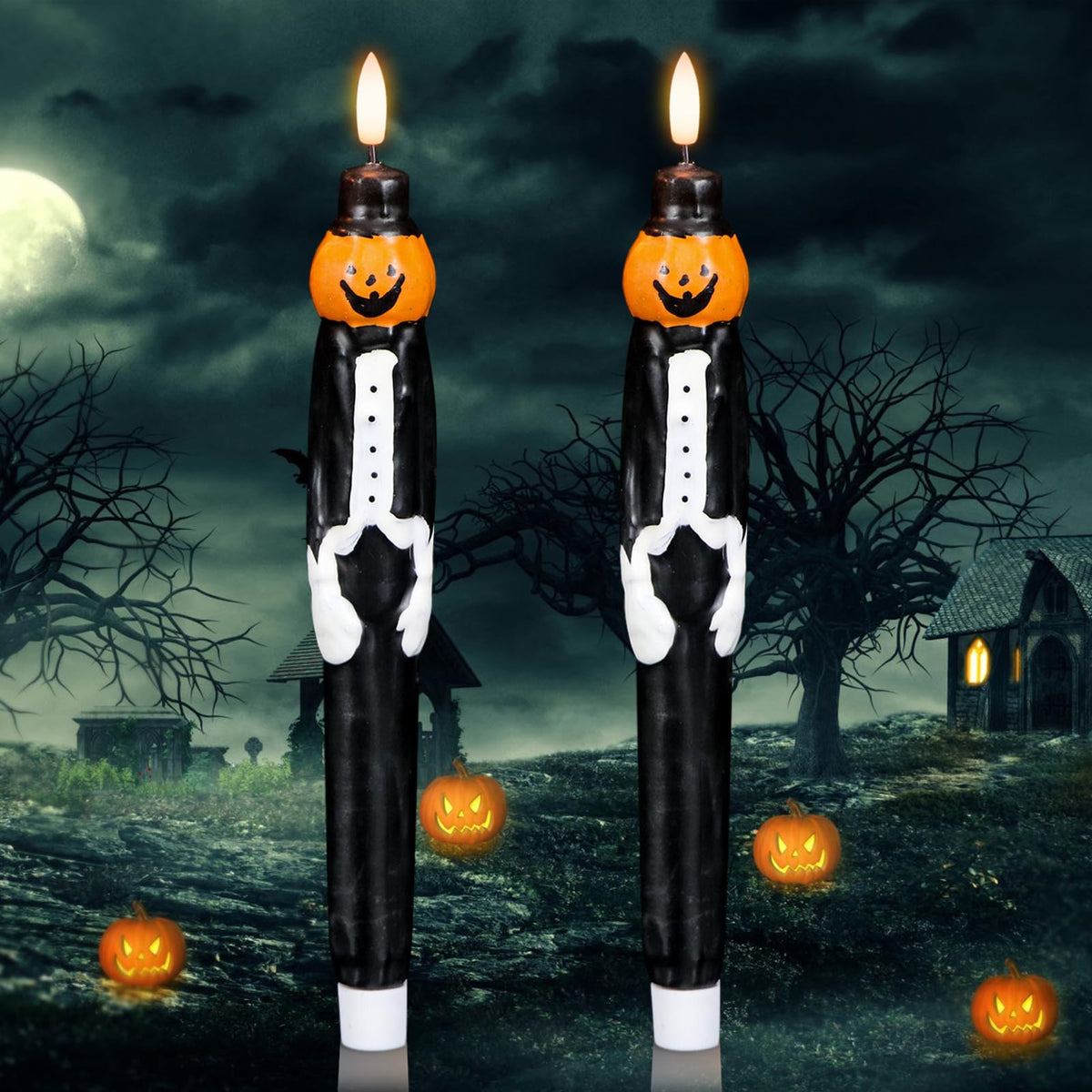 Genswin Halloween Flameless Taper Candles With Timer, 2 Pack Taper Candles Battery Operated, Real Wax Pumpkin Gentleman Suit Des