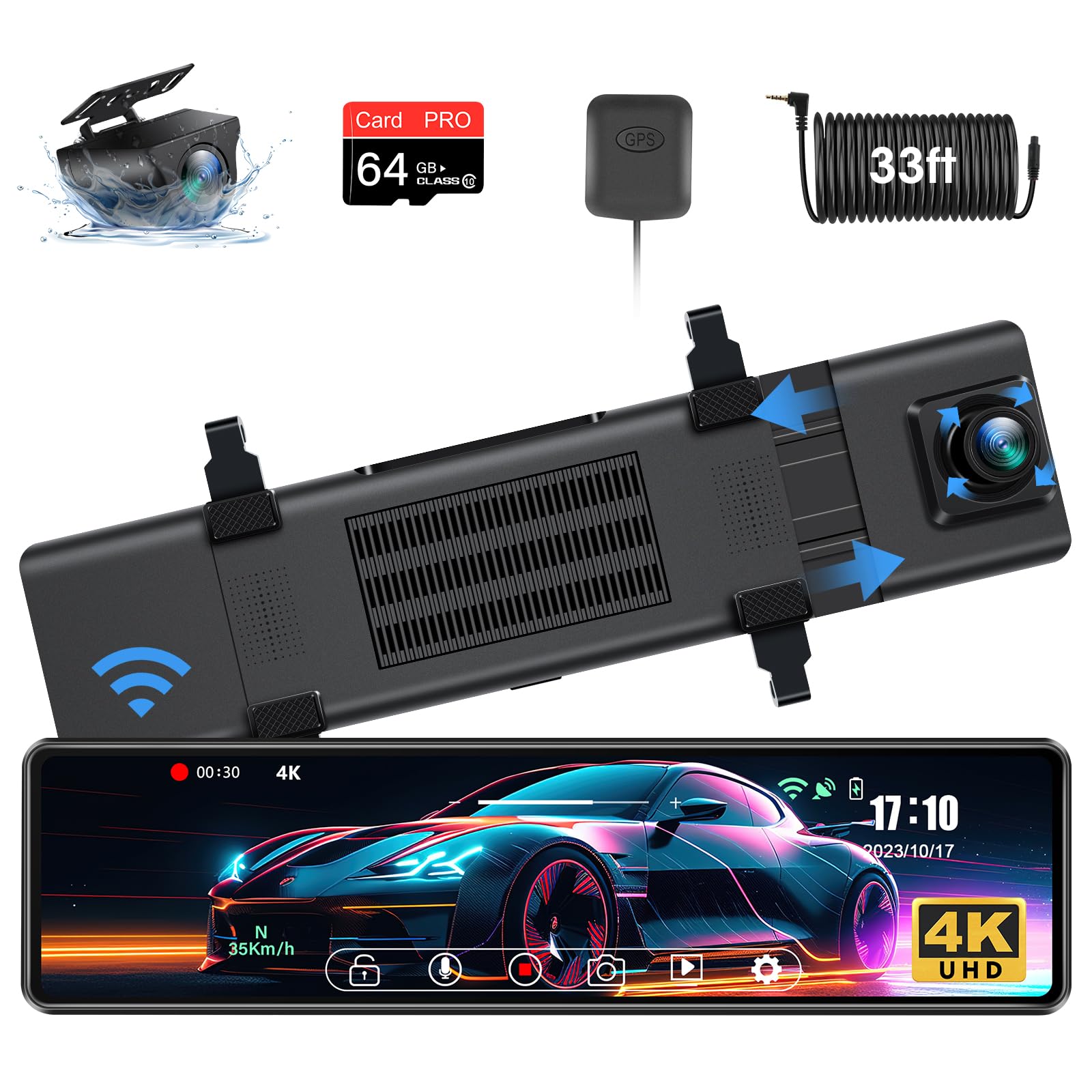 2024 Upgraded 12'' 4K Rear View Mirror Camera With Wifi,2160P Mirror Dash Cam Front And Rear Backup Camera For Cars & Trucks,Wdr