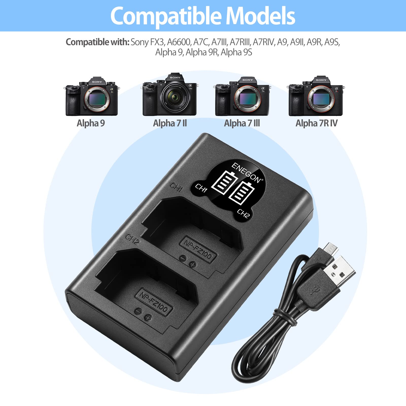 Enegon Np Fz100 Led Usb Charger For Sony Np Fz100 Battery, Fully Compatible With Sony Alpha 9/Alpha 9R/Alpha 9S, Sony A9/A9R Son