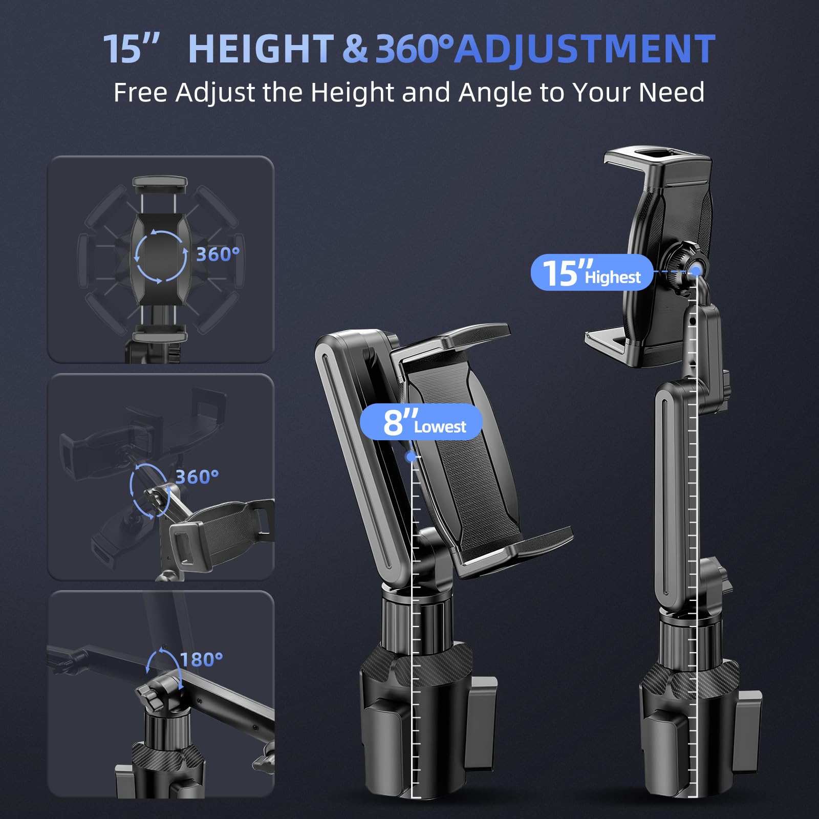 Tablet Holder Mount For Car Cup Holder, 15'' Long 2 Stage 360 Stand With 1.57'' Depth Large Clamp For Ipad Pro 12.9/11/10.5/9.7/