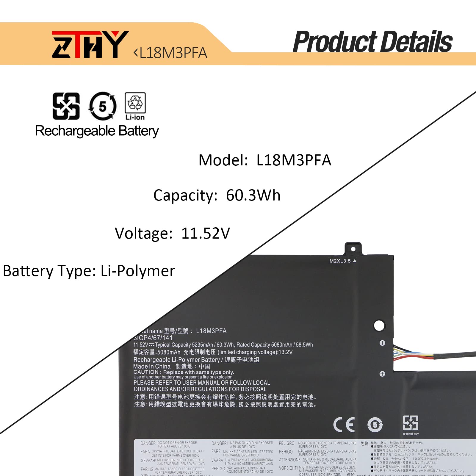 ZTHY Laptop Battery for Lenovo Yoga C740-15IML L18M3PFA L18D3PF2 11.52V 60.3Wh