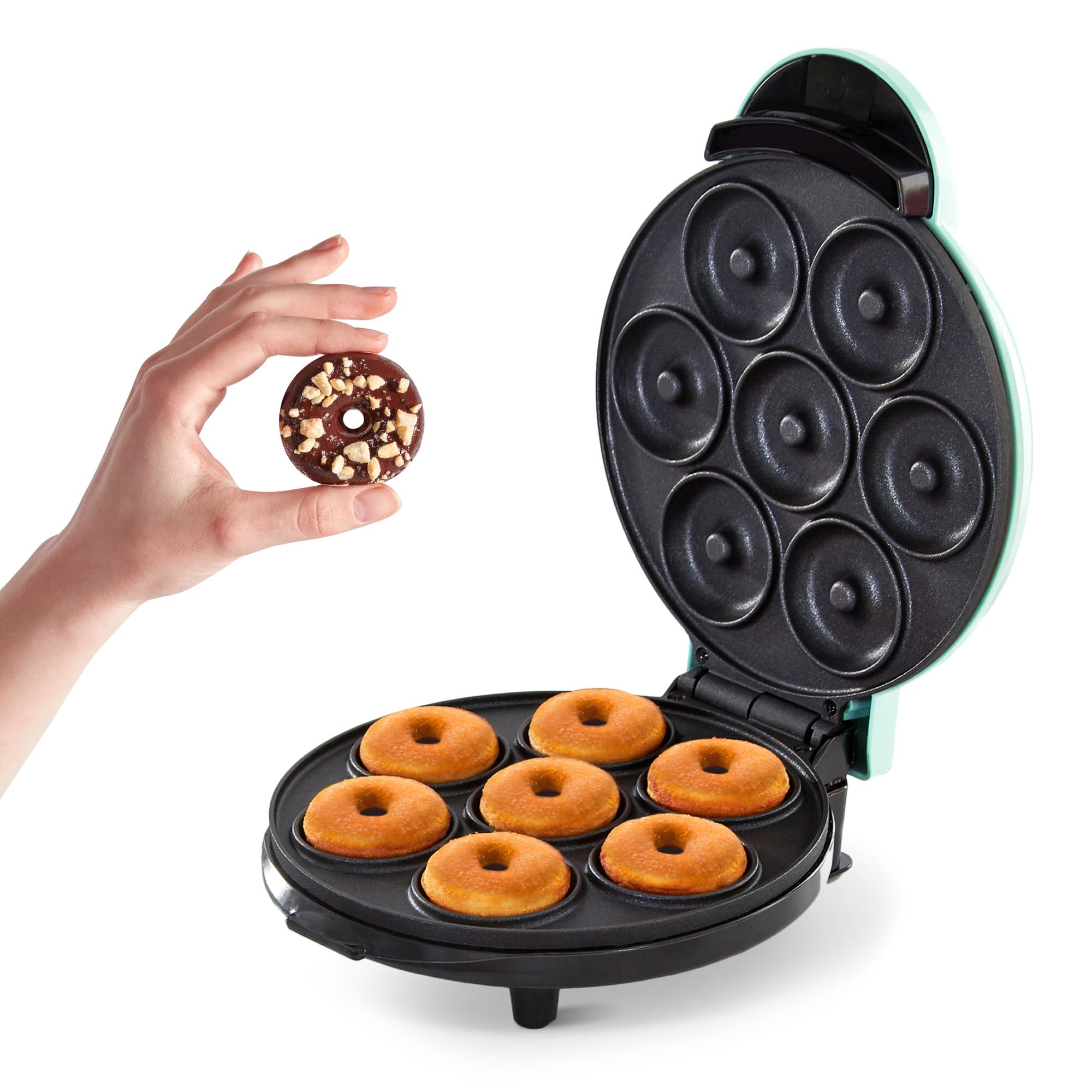 Dash Express Mini Donut Maker - Homemade Dessert Maker - Features Double-Sided, Non-Stick Surface & Space-Saving Design - Makes 7 - Aqua -Like New