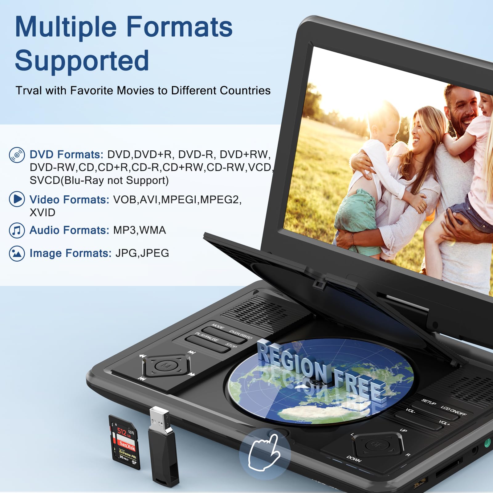 Sqqbzz 12.5    Portable Dvd Player With 10.5    Large Hd Screen, 4-6 Hours Rechargeable Battery, Dual Speakers, Region Free, Rem