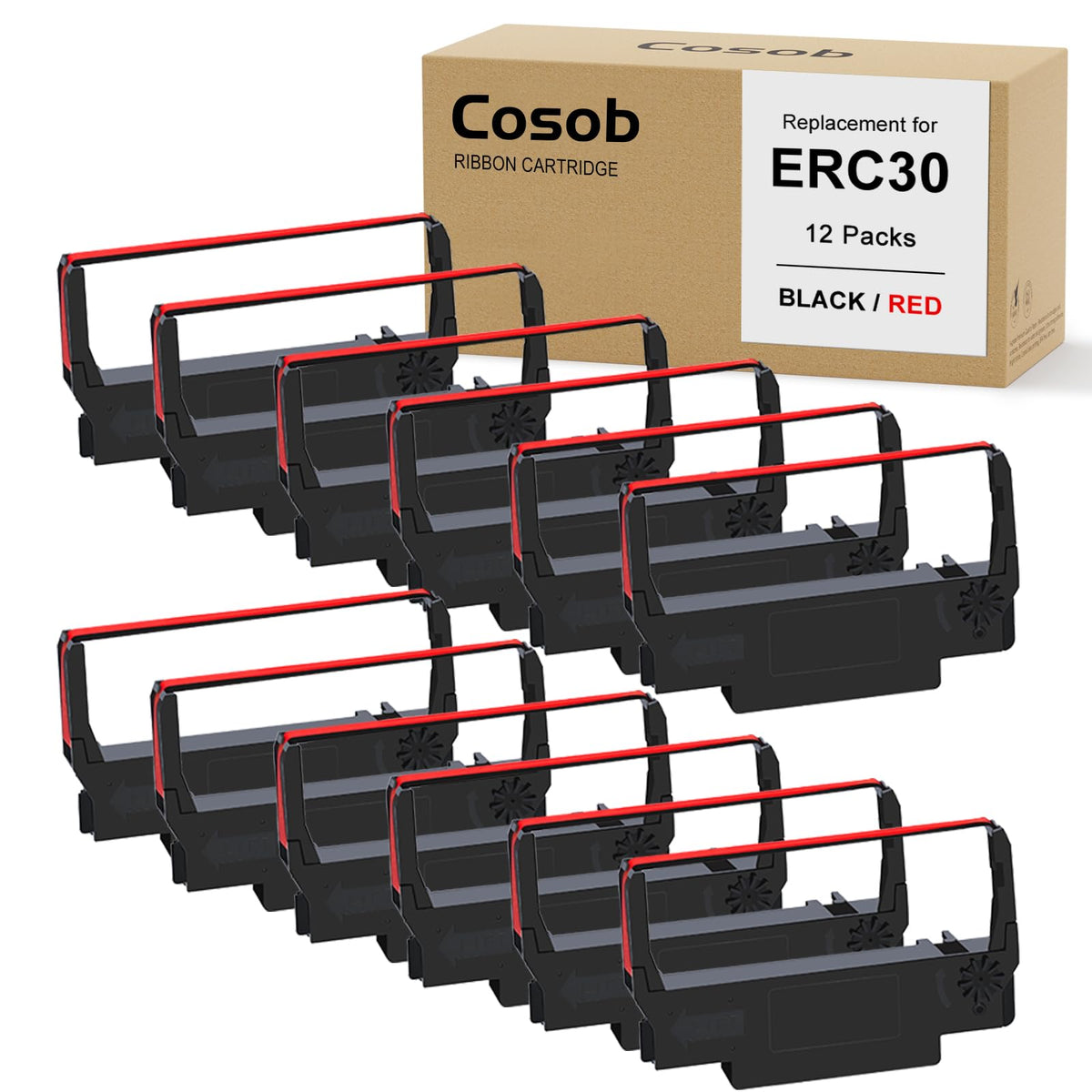 Cosob 12 Pack Erc30 Erc30 Black And Red Erc 30 Erc30/34/38 Ribbon Compatible With Epson Tm U220 M188B Erc30 Erc34 Erc38 Nk506 Pr