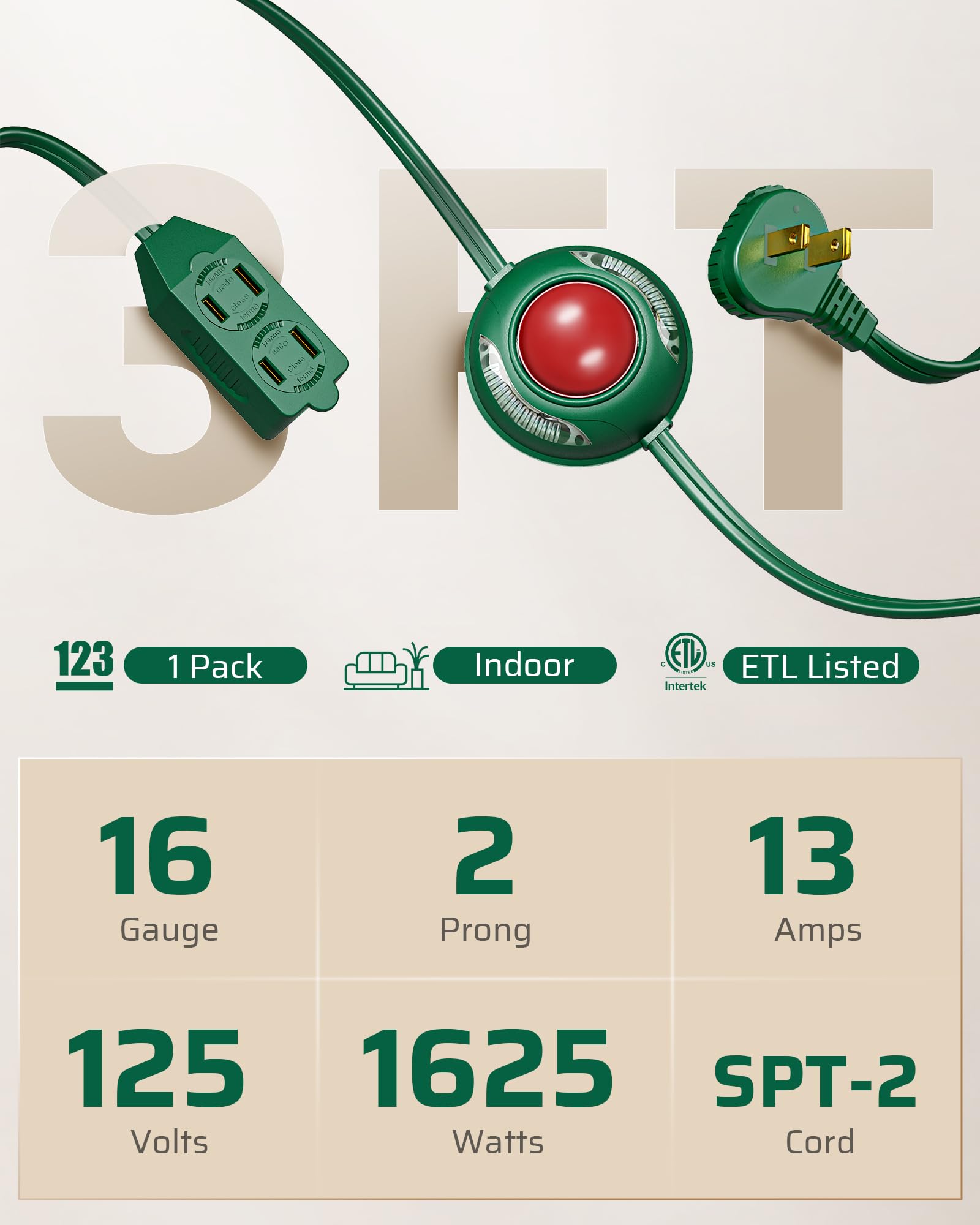 Dewenwils 12 Ft Extension Cord With Multiple Outlets, On/Off Foot Switch Power Cord, Angled Flat Plug, 2 Prong 3 Outlets, 16/2C,