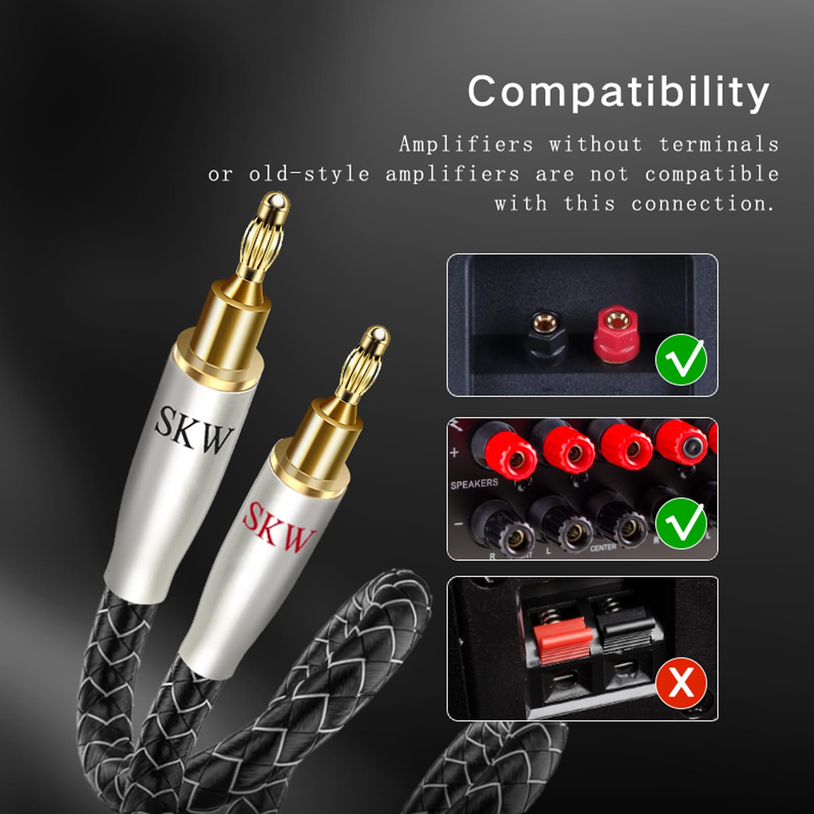 Skw High End Wg Series A Pair Speaker Cable With Convertible Banana And Spade Plugs 5Ft/1.5M (2 Cables)