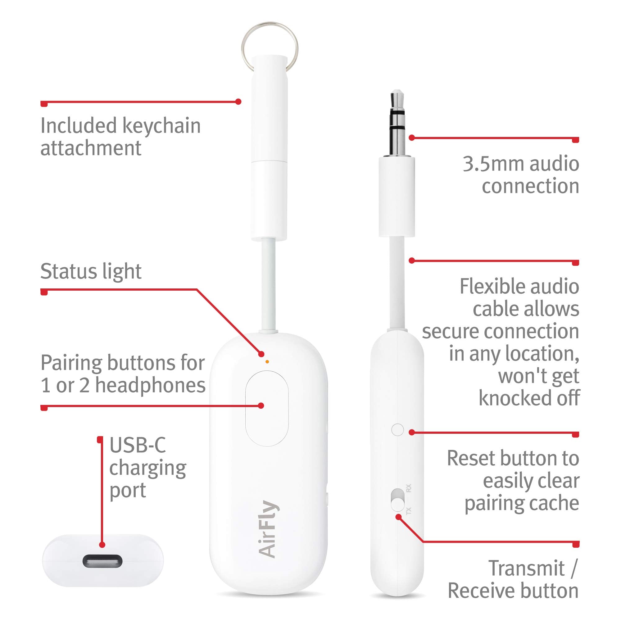 Twelve South Airfly Pro Bluetooth Wireless Audio Transmitter/ Receiver For Up To 2 Airpods /Wireless Headphones; Use With Any 3.