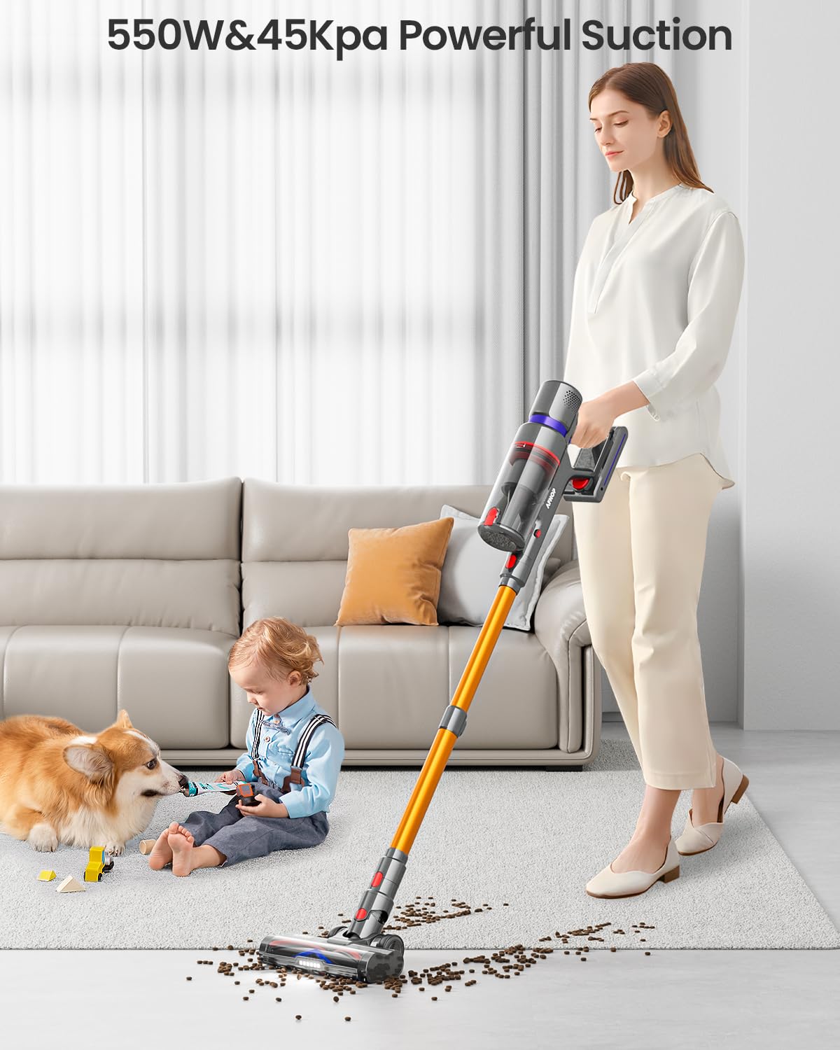 Cordless Vacuum Cleaner, 45Kpa 550W 60Mins Vacuum Cleaners For Home, Stick Vacuum With Led Touch Screen, Anti Tangle Wireless Va