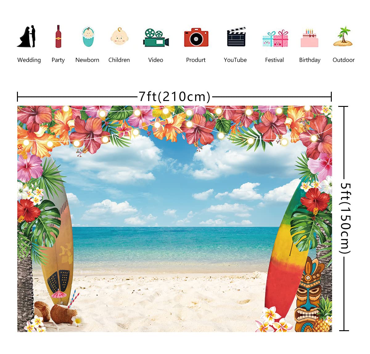 Summer Hawaiian Beach Backdrop Sky Ocean Tropical Palm Flower Surfboard Glitter Photography Background Baby Shower Aldult Kids B