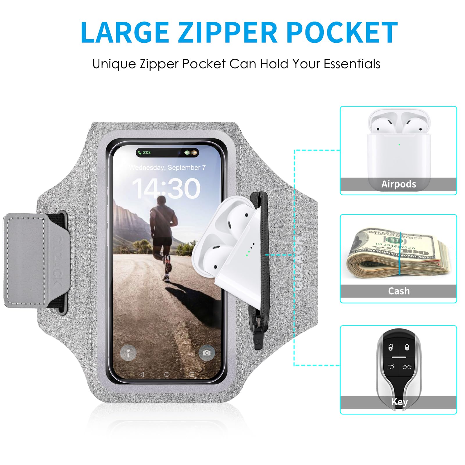 Guzack Running Armband Case For Iphone 15/14/13/12/11 Pro Max, Galaxy S24/S23/S22, Universal Cell Phone Arm Holder With Key Pock