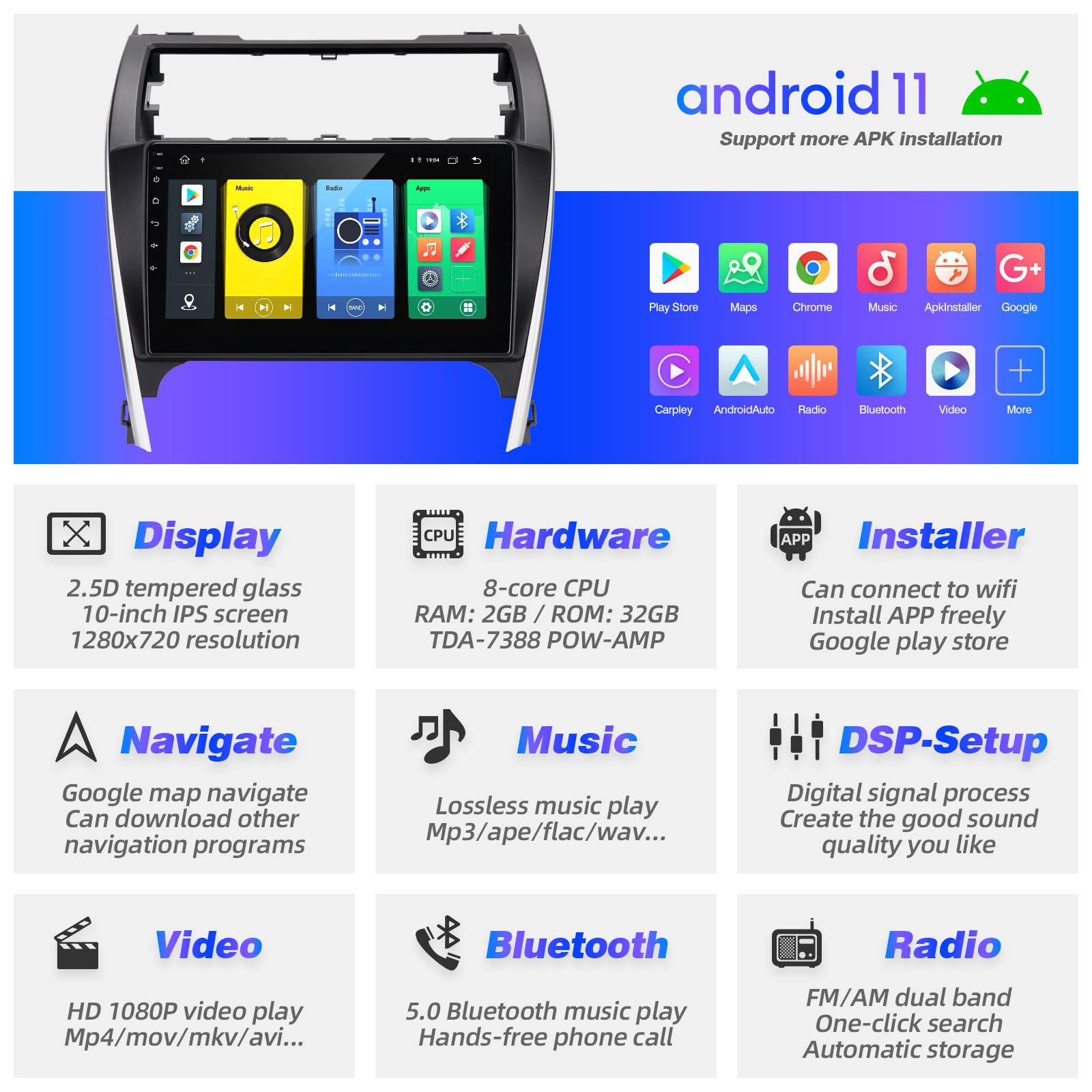 Sizxnanv For Camry Android Radio Touch Screen Compatible With Carplay Android Auto,Car Stereo Bluetooth Navigation Media Player