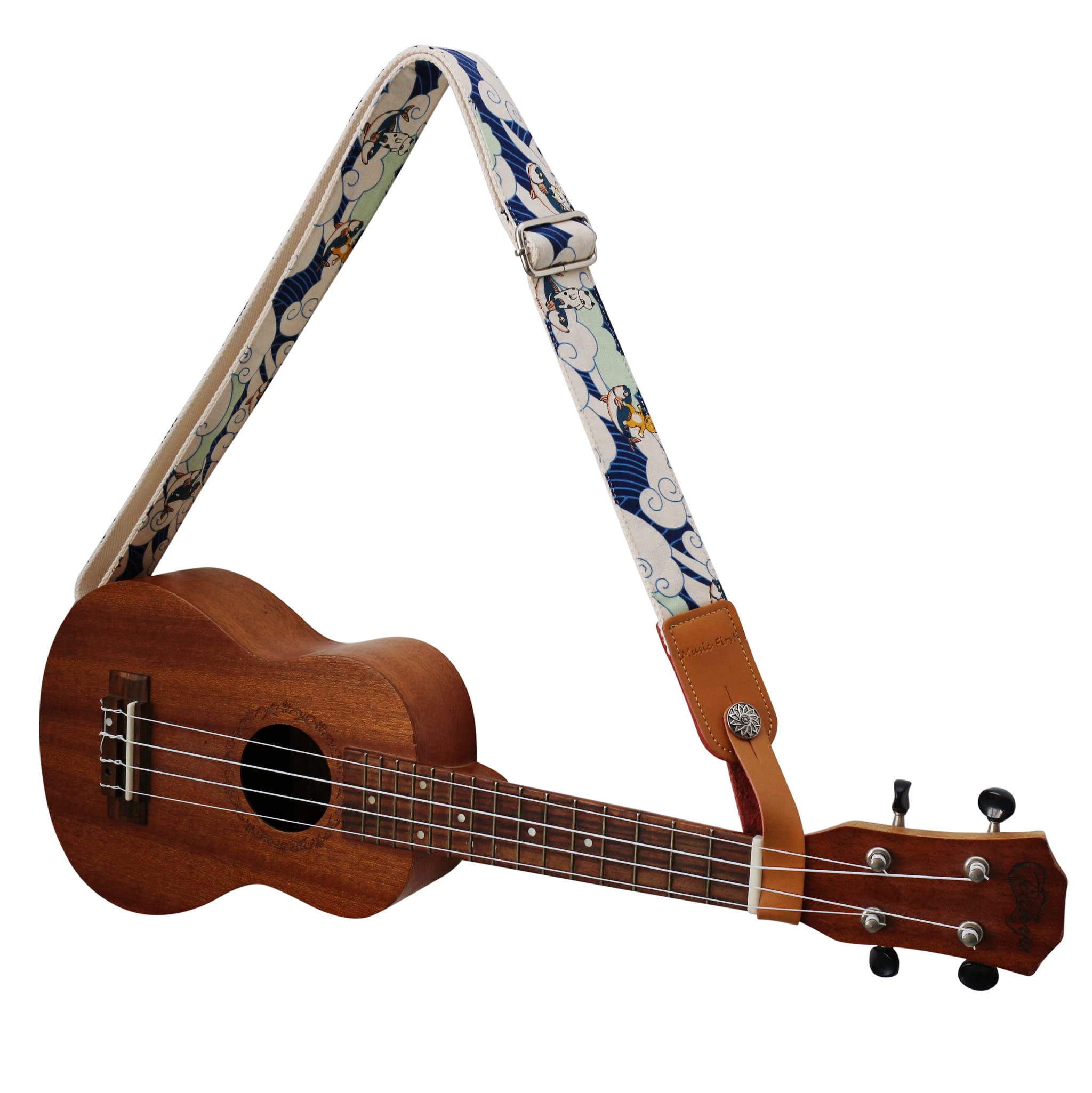 Music First Original Design Vintage Ukiyoe Style Surfing Cat Soft Muslin & Genuine Leather Ukulele Strap Ukulele Shoulder Strap