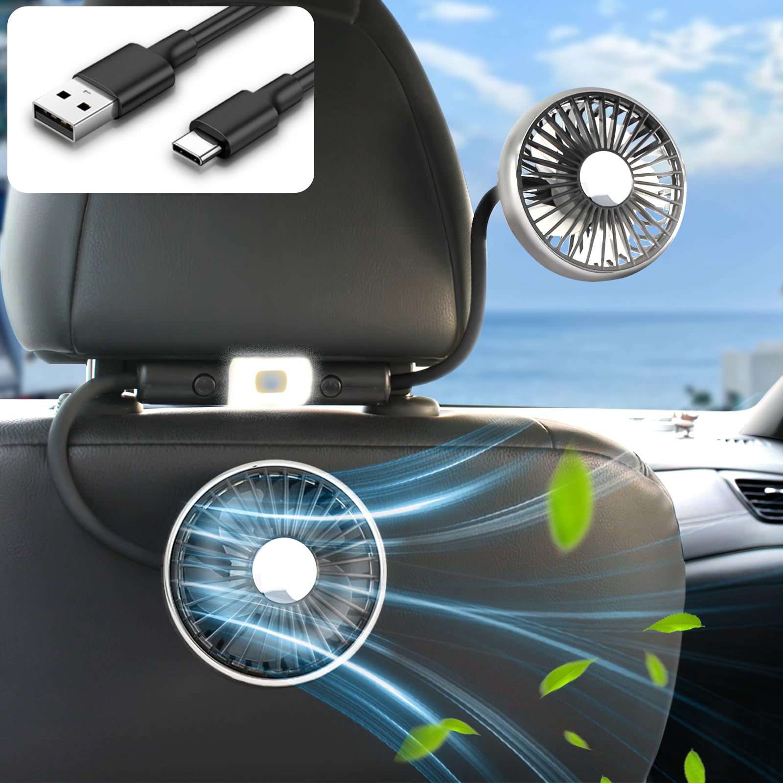 Nauttxon Hose Car Fan For Backseat Kids With Led Lights, Usb Fan For Backseat Of Car, Independent Control 3 Speeds 360Rotatable