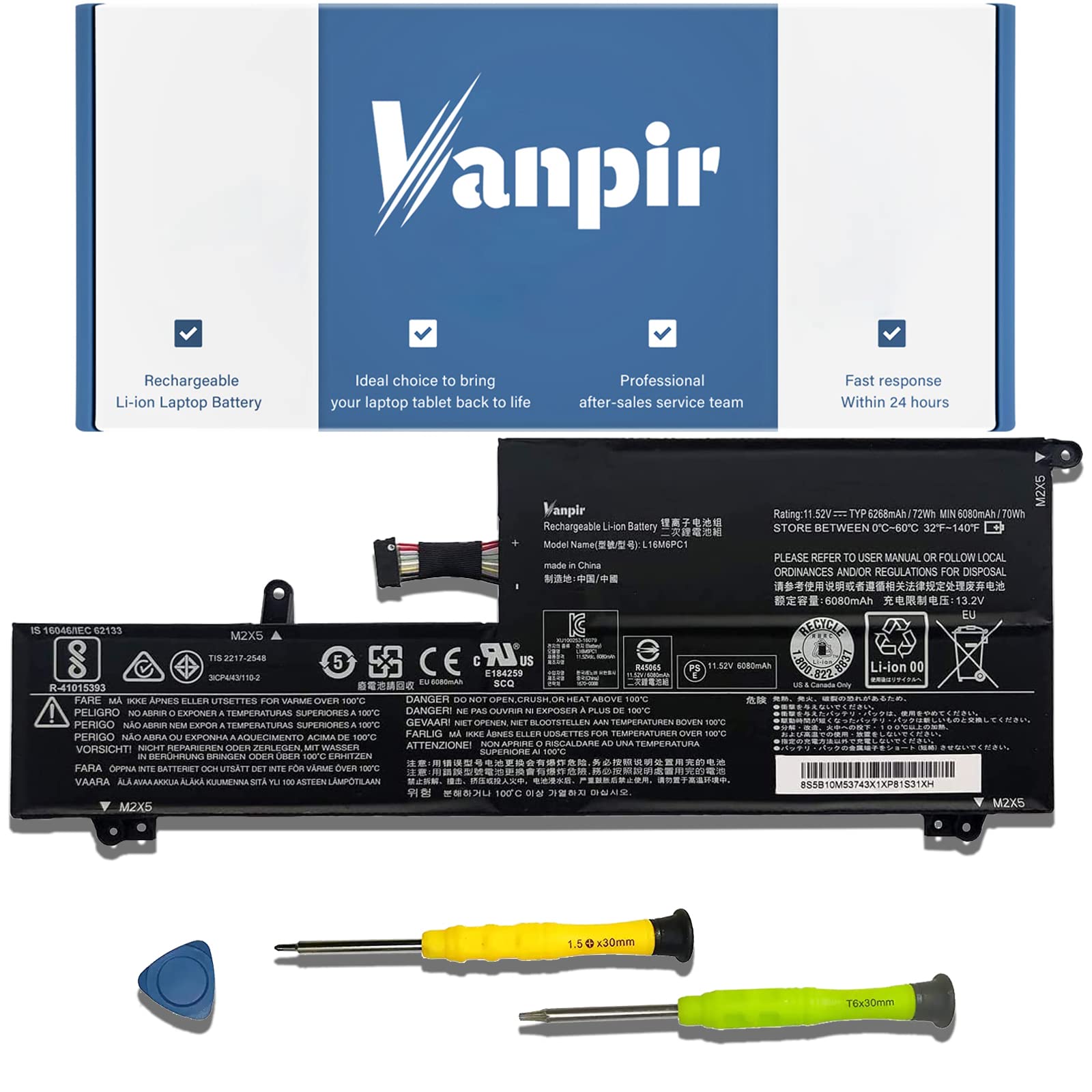 Vanpir L16M6Pc1 Laptop Battery 11.52V 72Wh 6268Mah Replacement For Lenovo Yoga 720 15Ikb Series Notebook L16L6Pc1 L16C6Pc1 5B10M