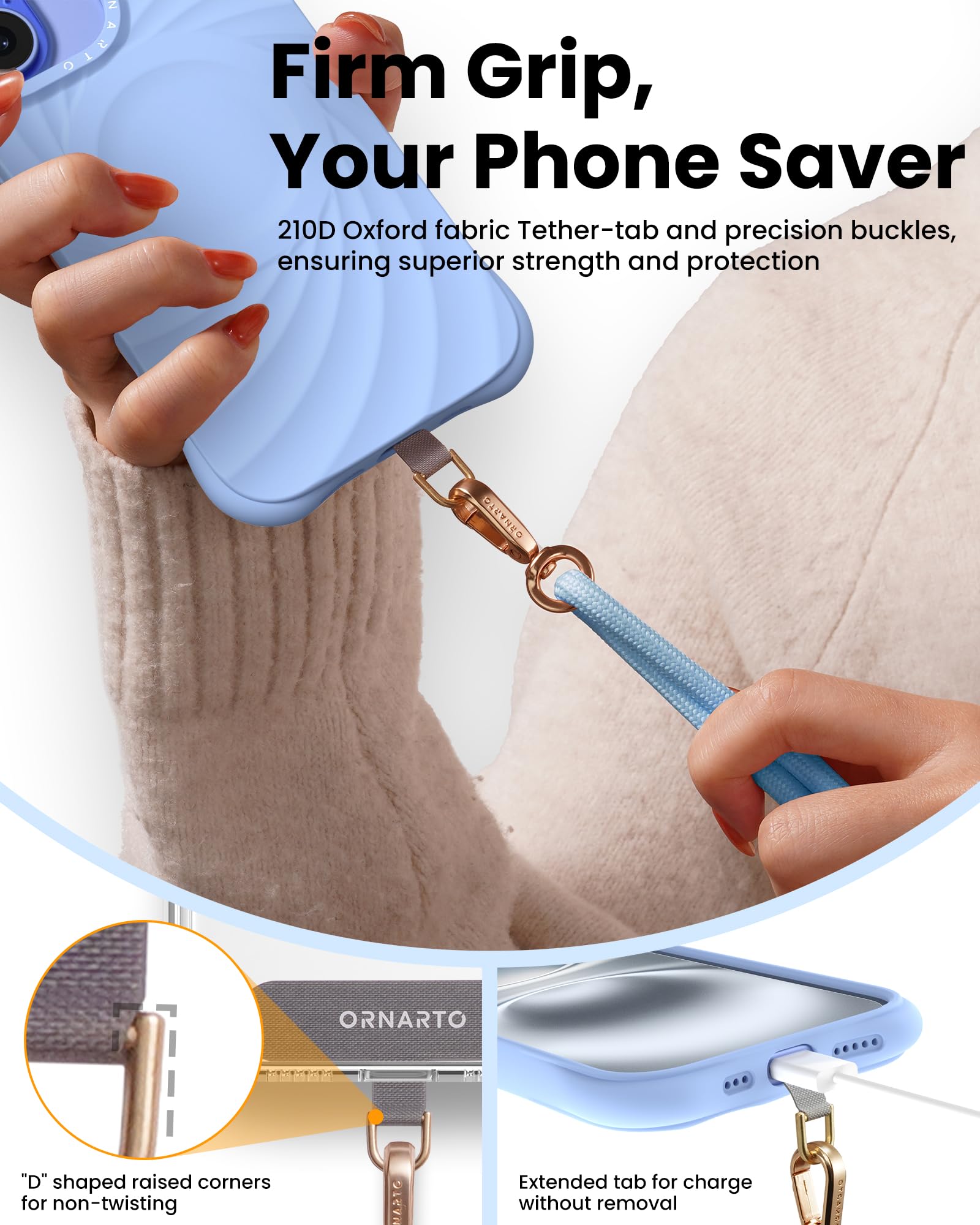 Ornarto Adjustable Phone Lanyard - Crossbody & Wrist Strap, Durable & Skin-Friendly, Universal Fit For All Phones, Blue