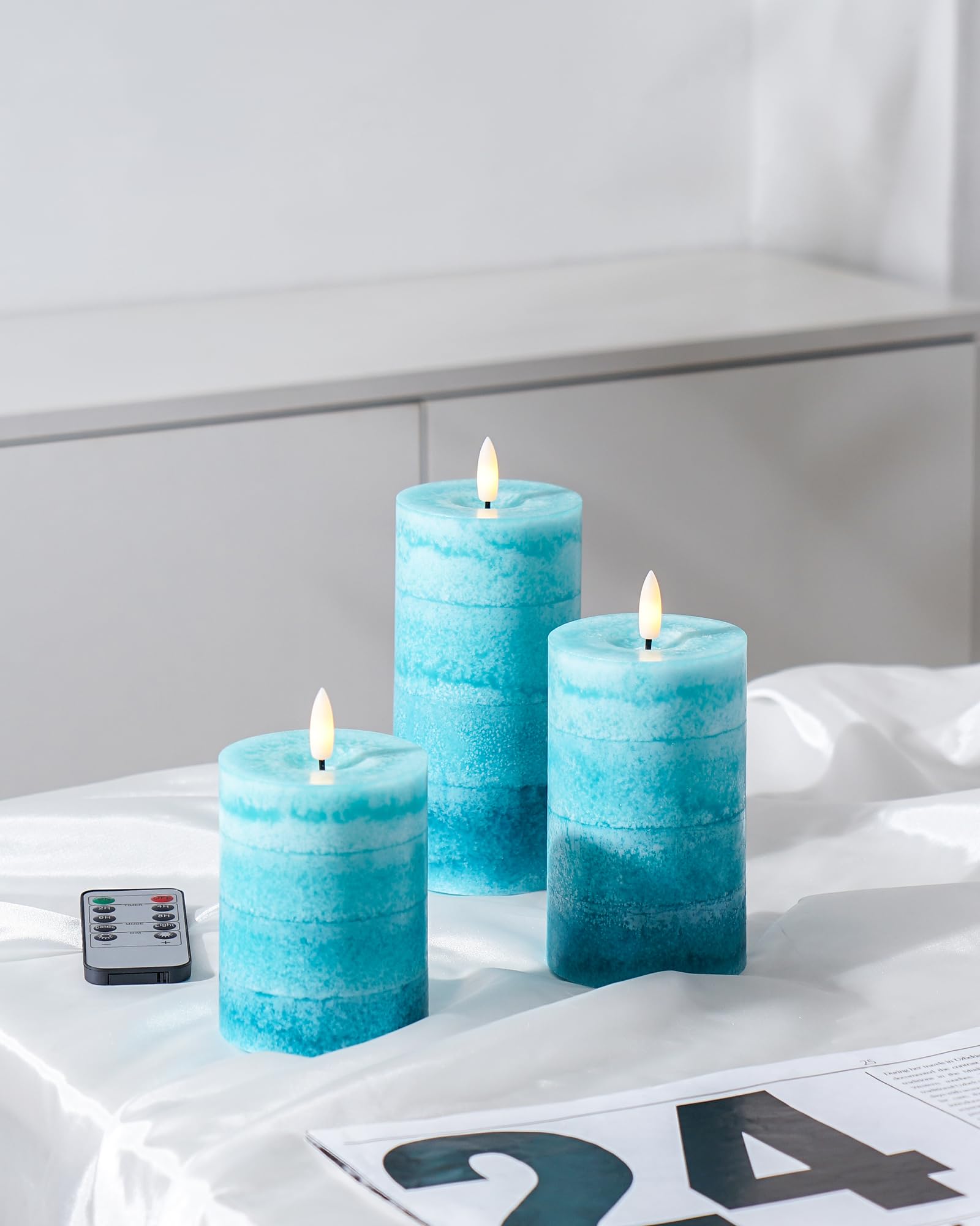Stmarry Gradient Teal Flameless Candles With Remote And Timer, Real Wax Made Led Pillar Candles Battery Operated With 3D Flicker