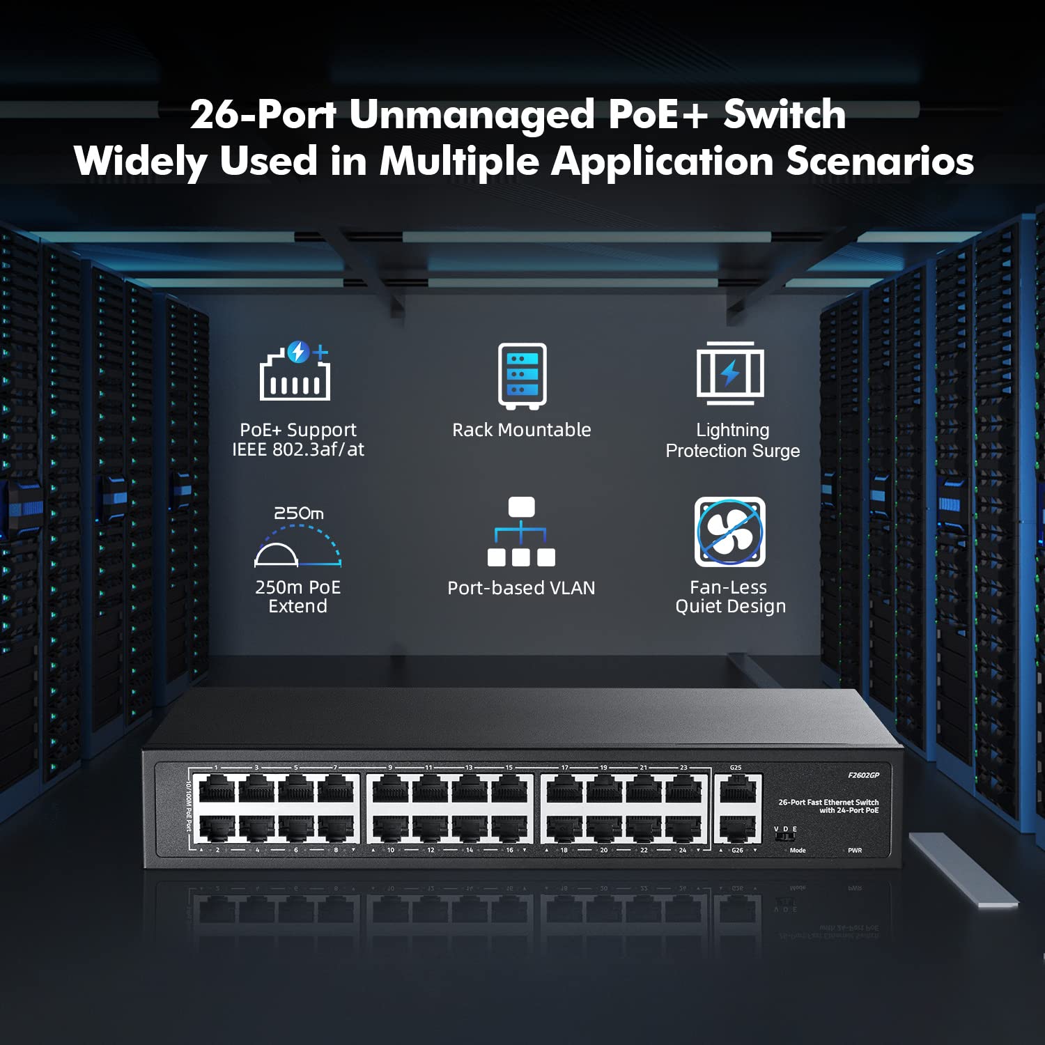 Yulinca 24 Port Poe Switch With 2 Gigabit Uplink, 100Mbps Poe+ Ports, 1000Mbps Uplink, Ieee802.3Af/At, Max 300W, Vlan & Poe Exte