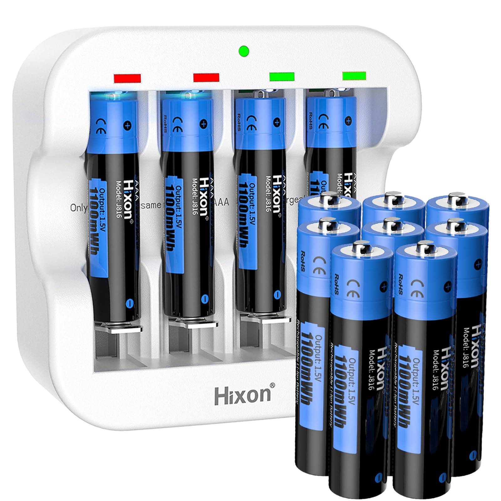 Rechargeable Lithium Batteries AAA with Charger,Hixon 1100mWh High-Capacity Triple AAA Rechargeable Battery,1600 Cycles,Constant