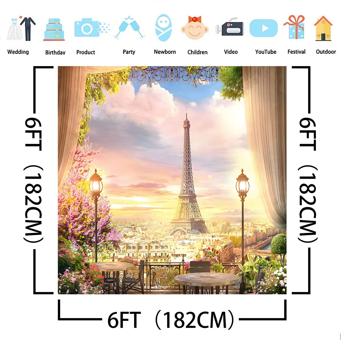 Yieldeer Paris Eiffel Tower Photography Backdrop 6X6Ft Polyester Bride Shower Wedding Garden City Landscape Aerial Balcony Backg