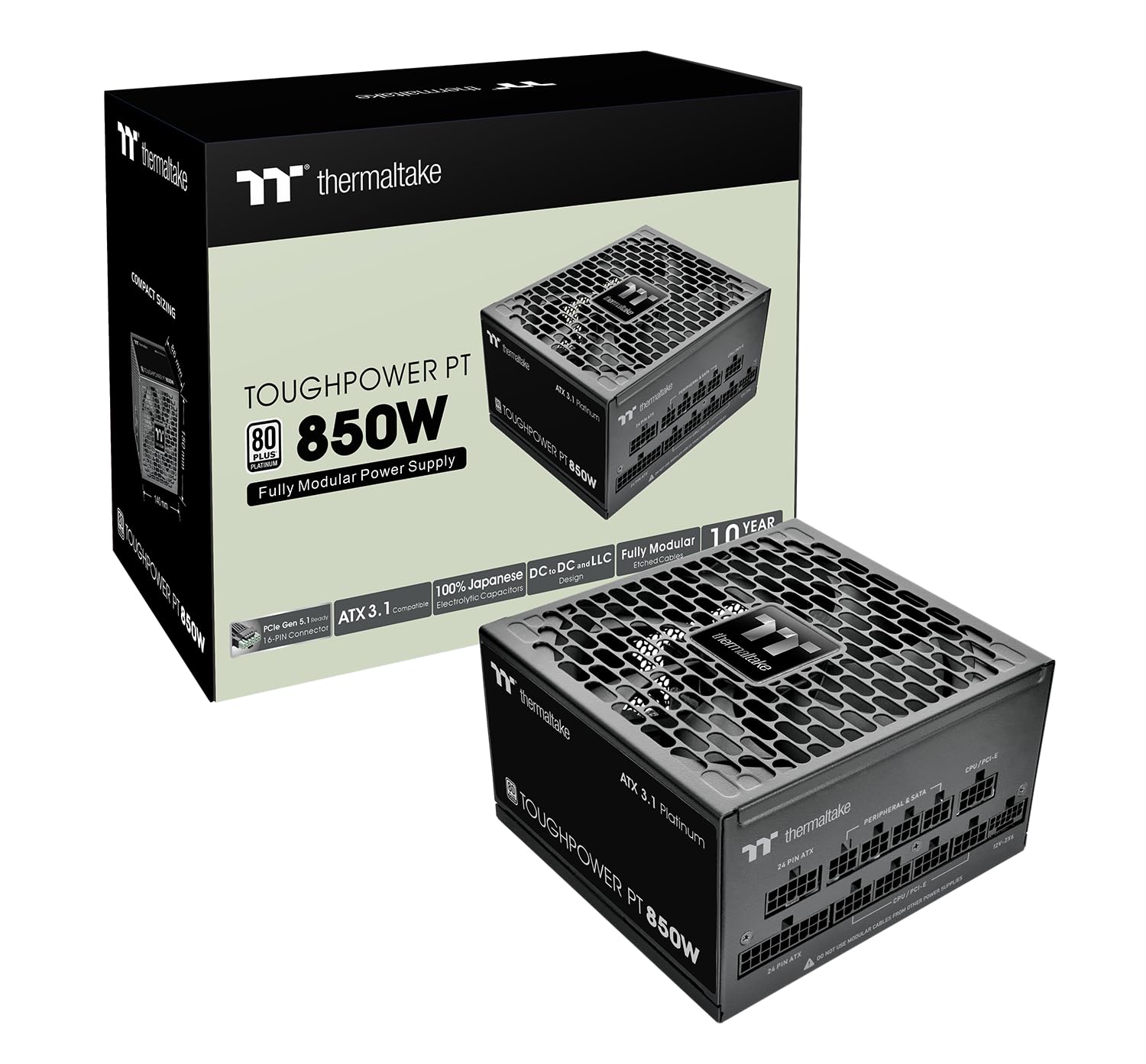 Thermaltake Toughpower PT 850W; ATX 3.1; Native PCIe 5.1 12V-2x6; Etched Flat Cables; Dual-Color H++ Connectors; 100% Japanese C