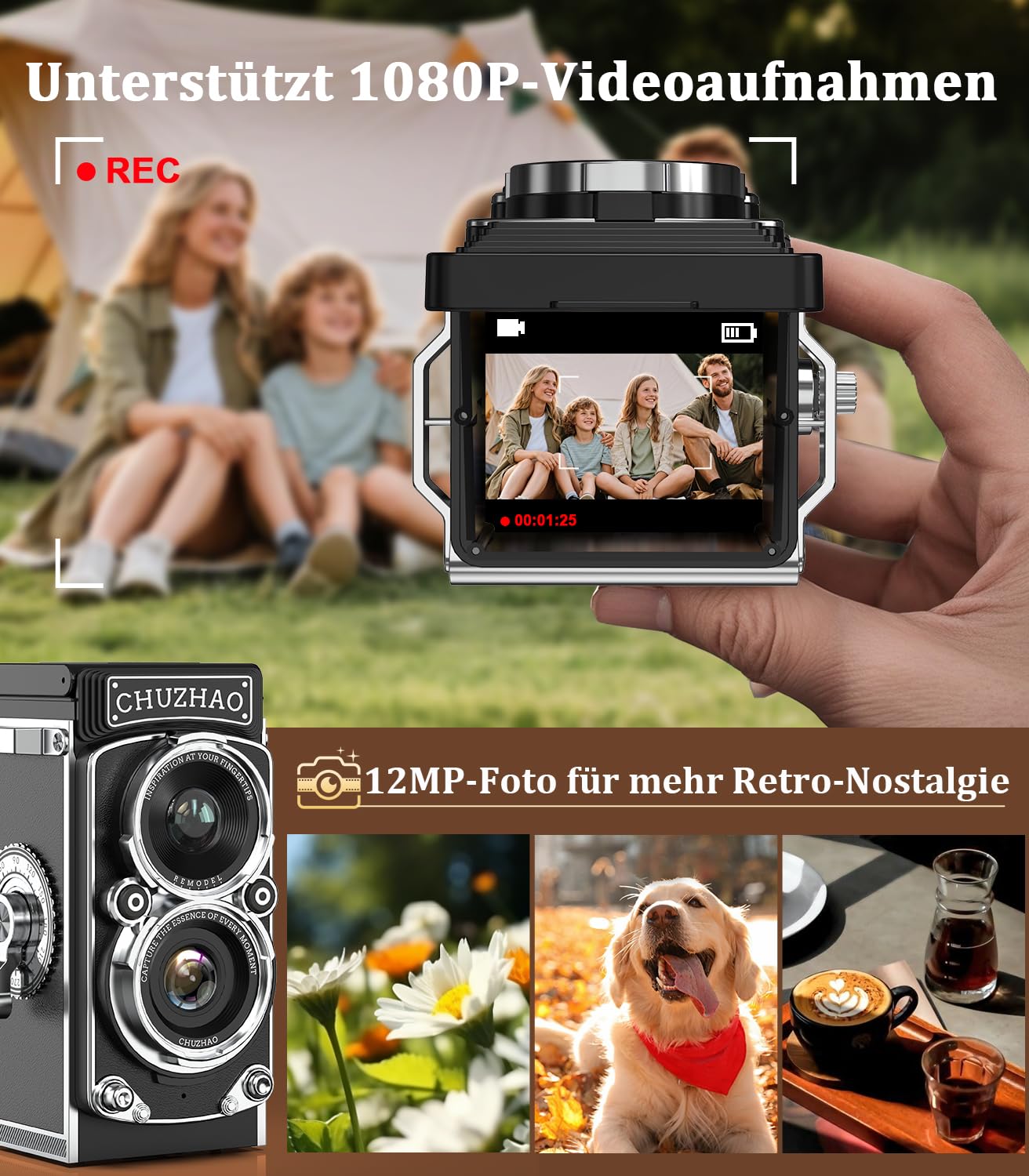 TURNRISE CHUZHAO Digital Camera, 12MP Autofocus, 1080P FHD, Ultra-Compact, Black, TLR Style, Includes 16GB Card for Beginners