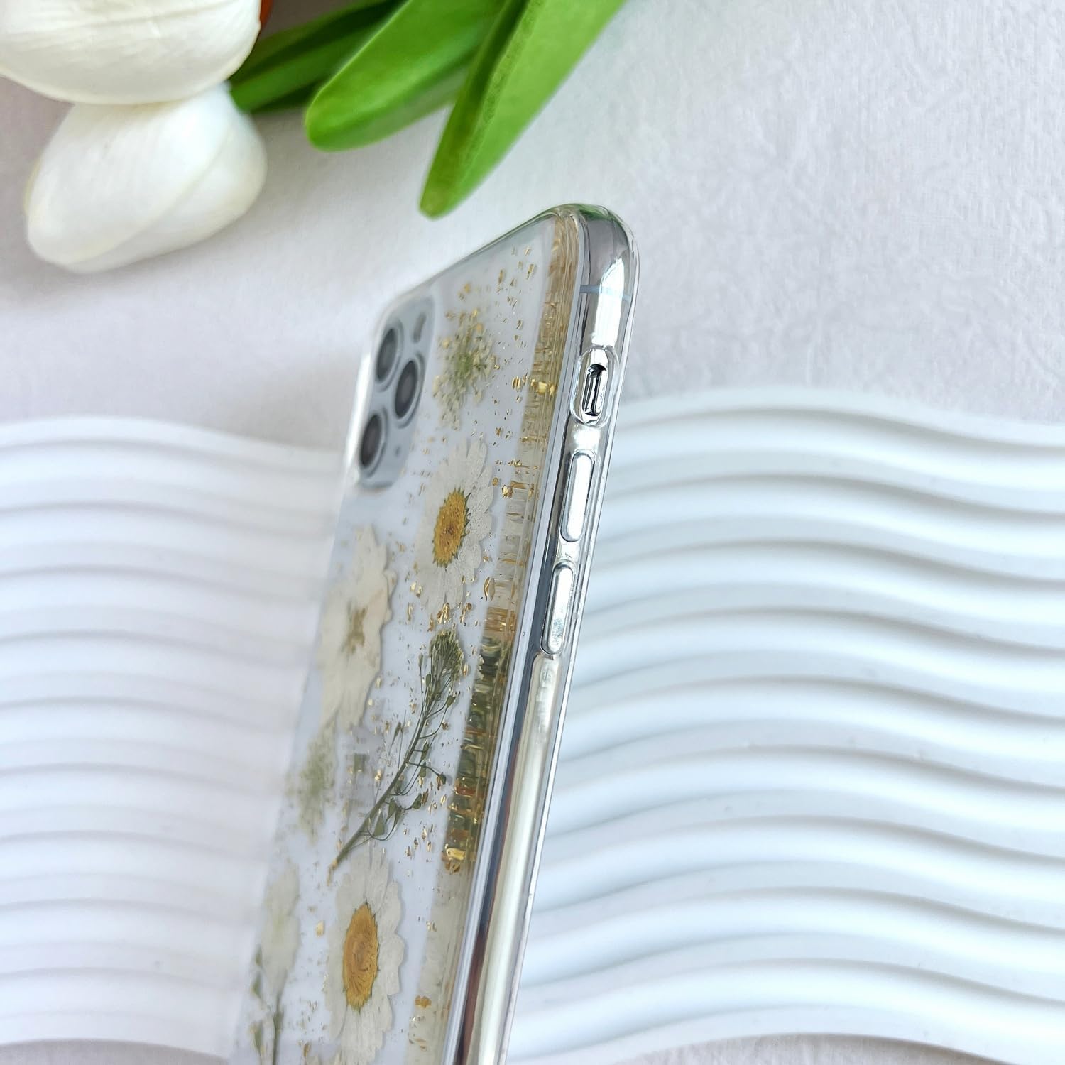 Lseeka For Iphone 11 Pro Clear Case With Pressed Real Flowers Design,Glitter Cute White Floral Pattern Slim Soft Tpu Protective