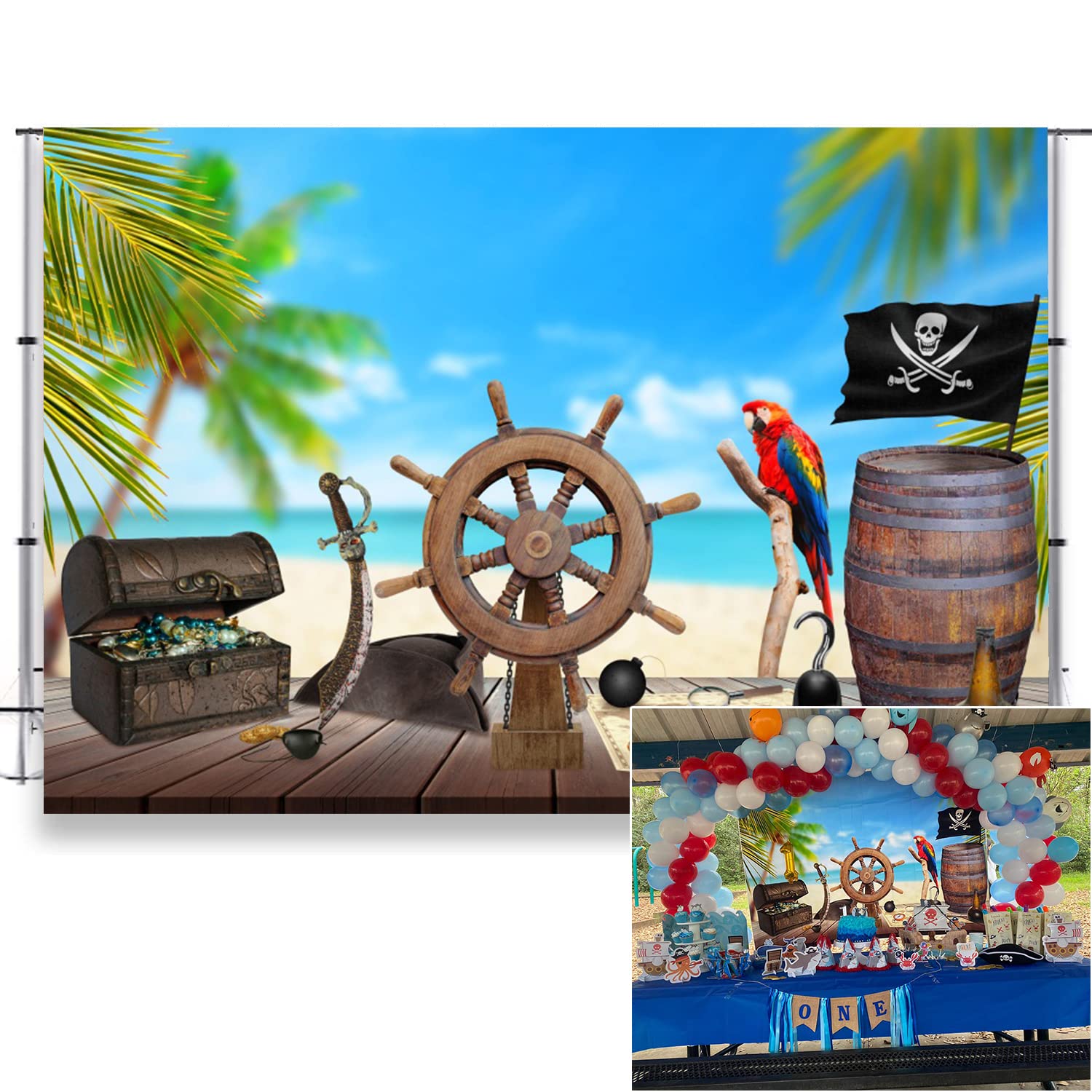 Lfeey 7X5Ft Pirate Themed Backdrop For Photography Old Wooden Rudder Wood Floor Pirate Ship Jewelry Box Barrel Seascape Photogra