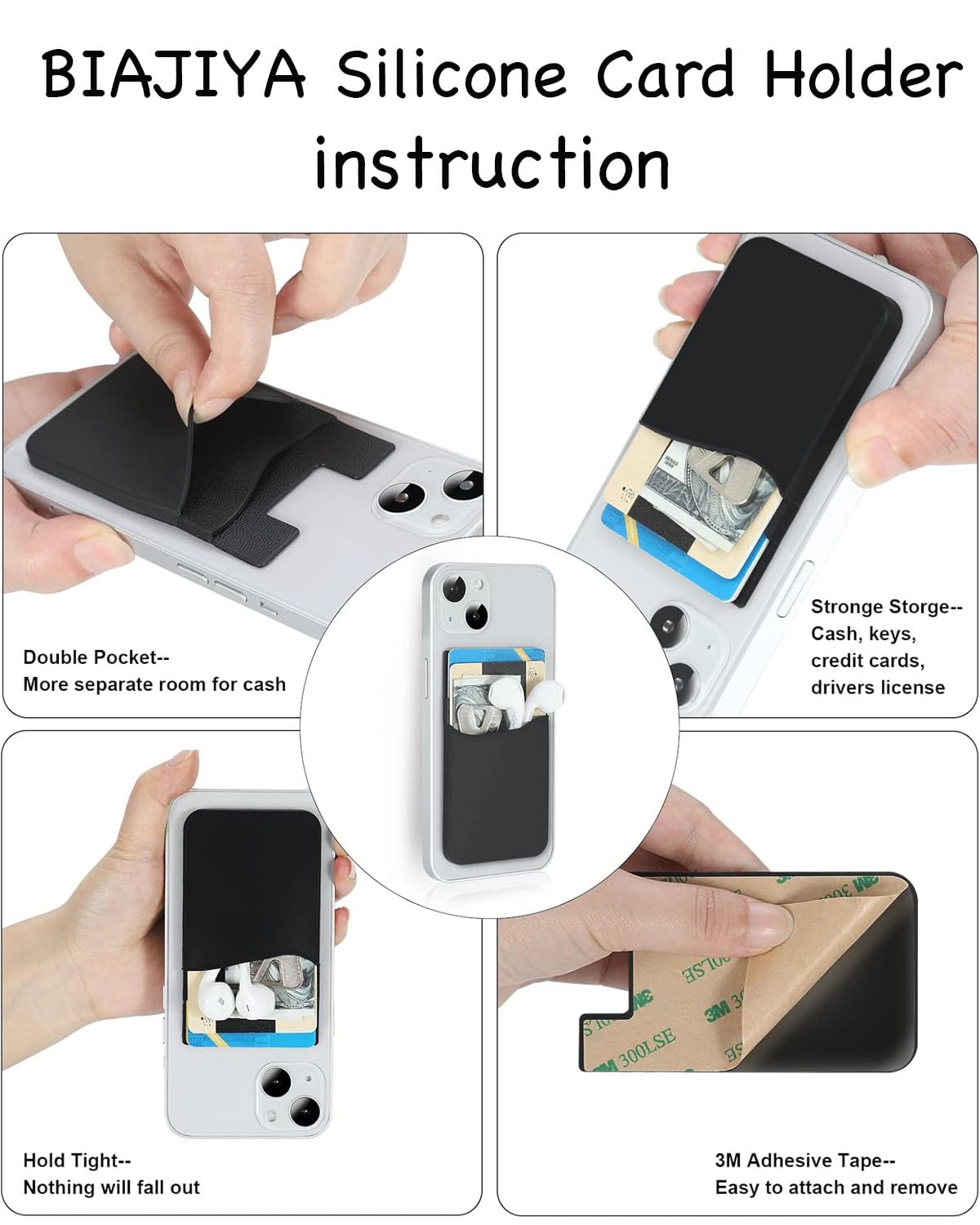 Biajiya Phone Card Holder, Cell Phone Pouch Stick On Id Credit Business Silicone Card Sleeve Pocket Compatible With All Smartpho