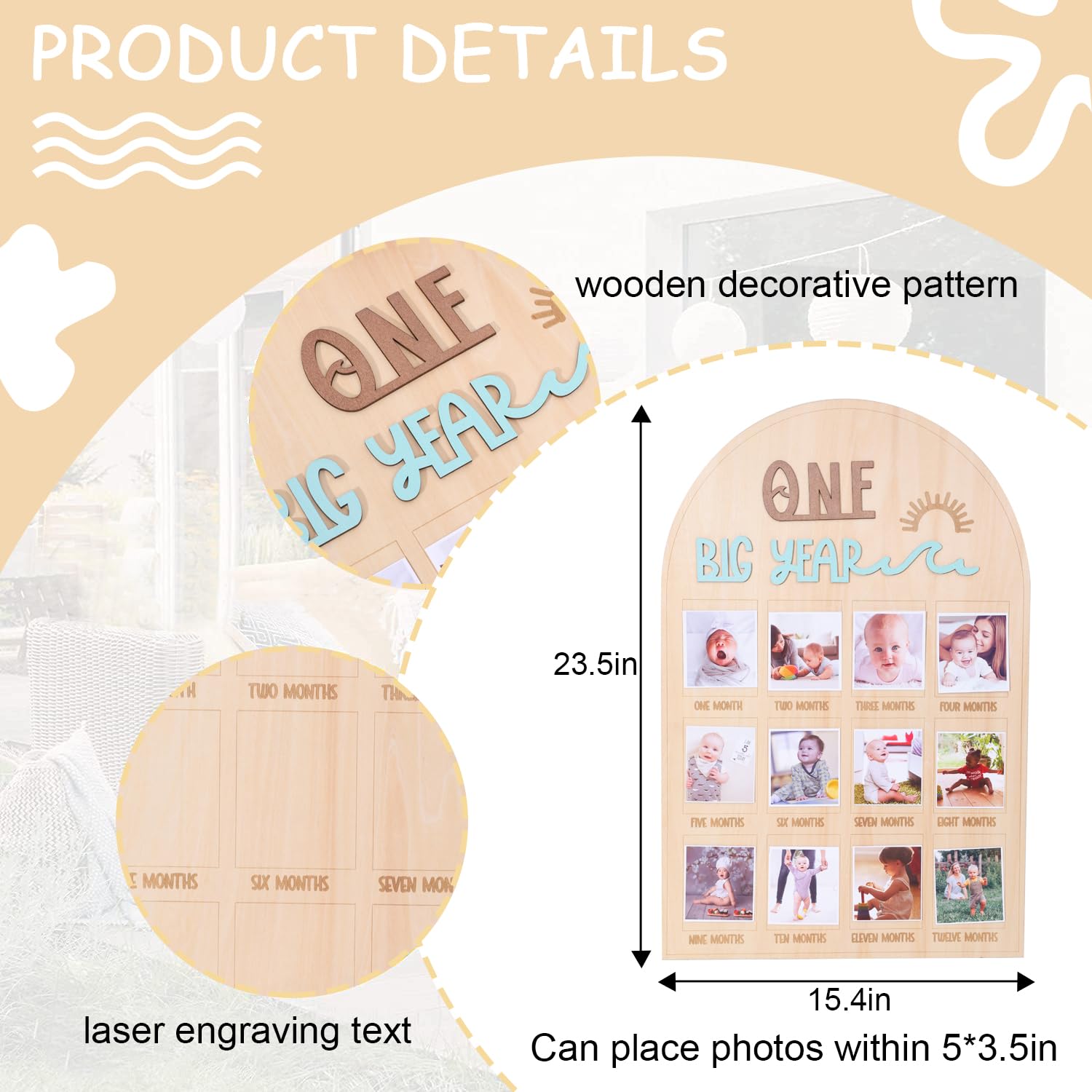 Agkvw The Big One Surf One Year Old Photo Board   My First Year Photo Display Wood Board, Wave Theme Monthly Milestone Photo Boa